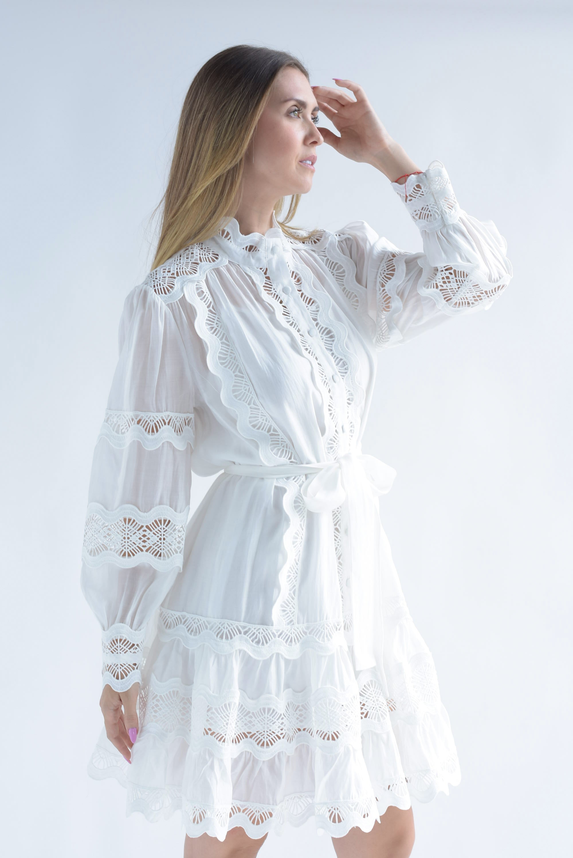 Vestido camisero tira bordada olanes Blanco