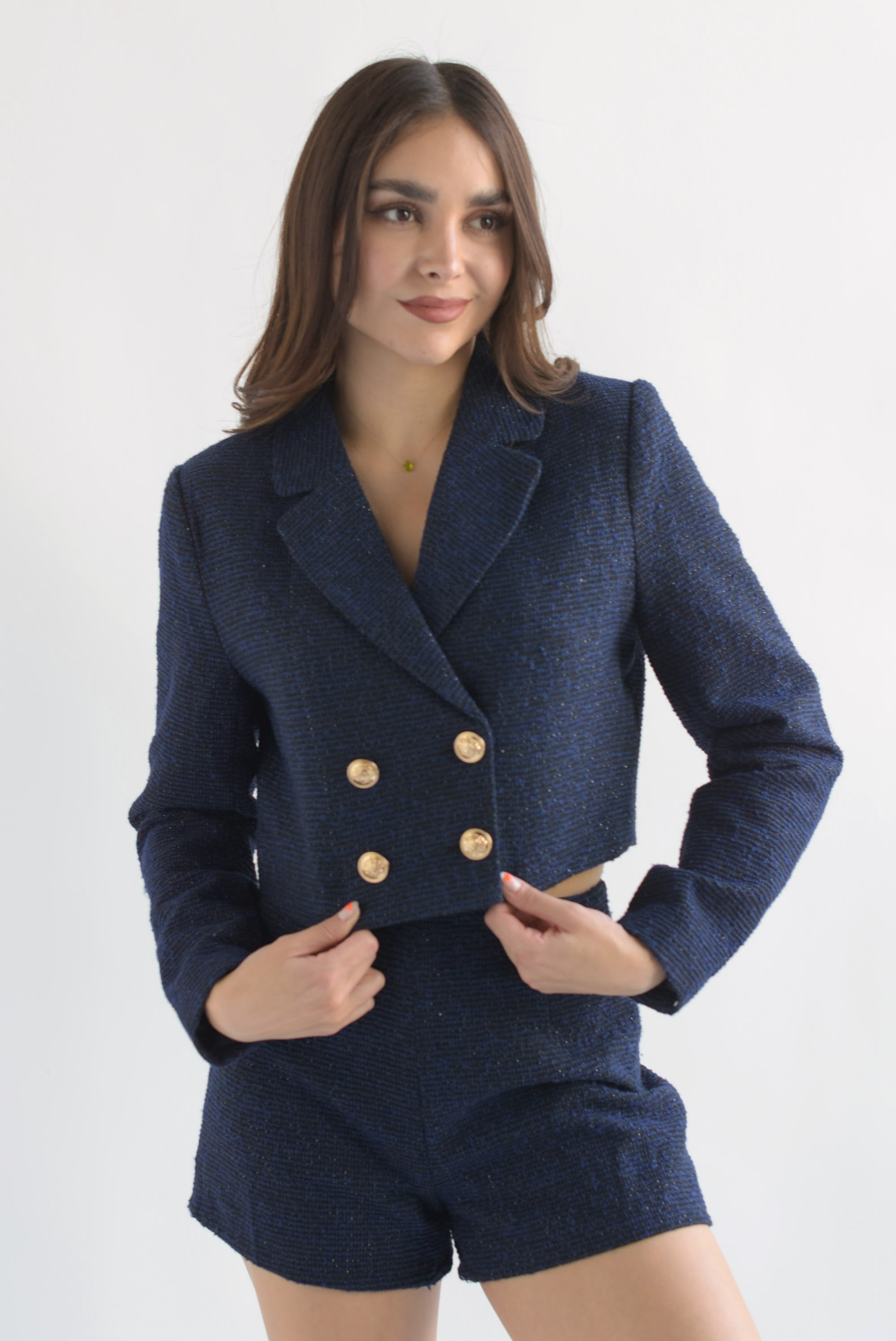 Set Short y Blazer botones cruzados tweed Azul Marino