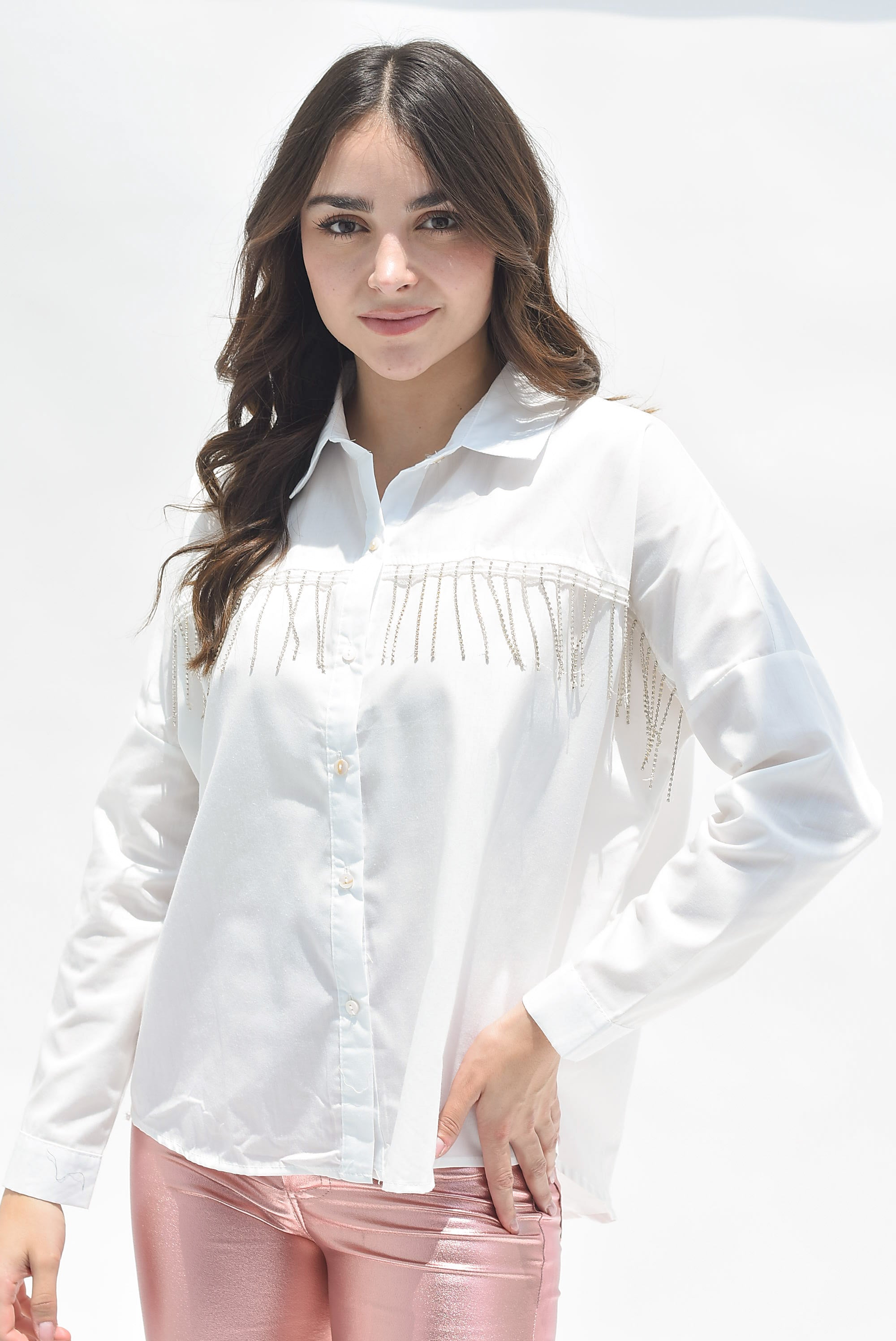 Camisa flecos brillos Blanca
