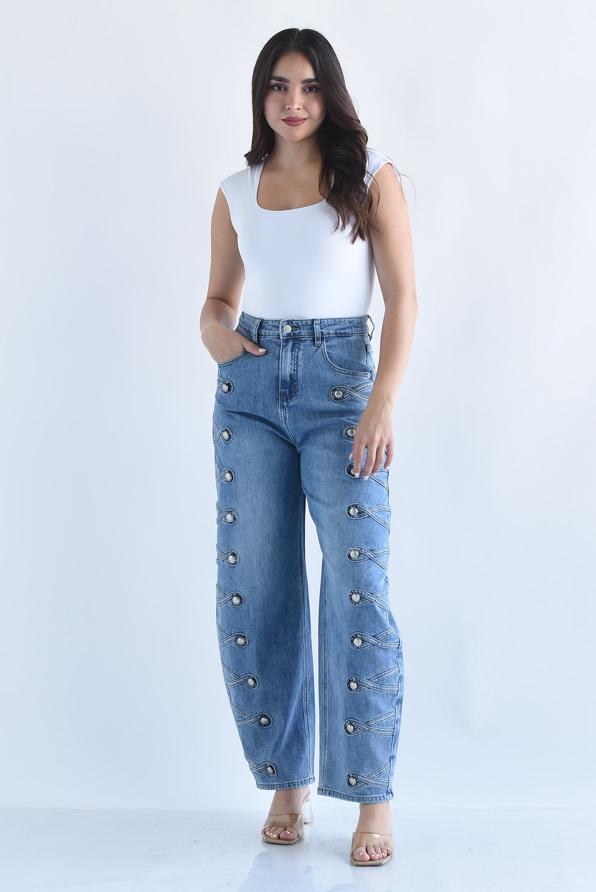 Jeans barrel militar trenzado botón plata