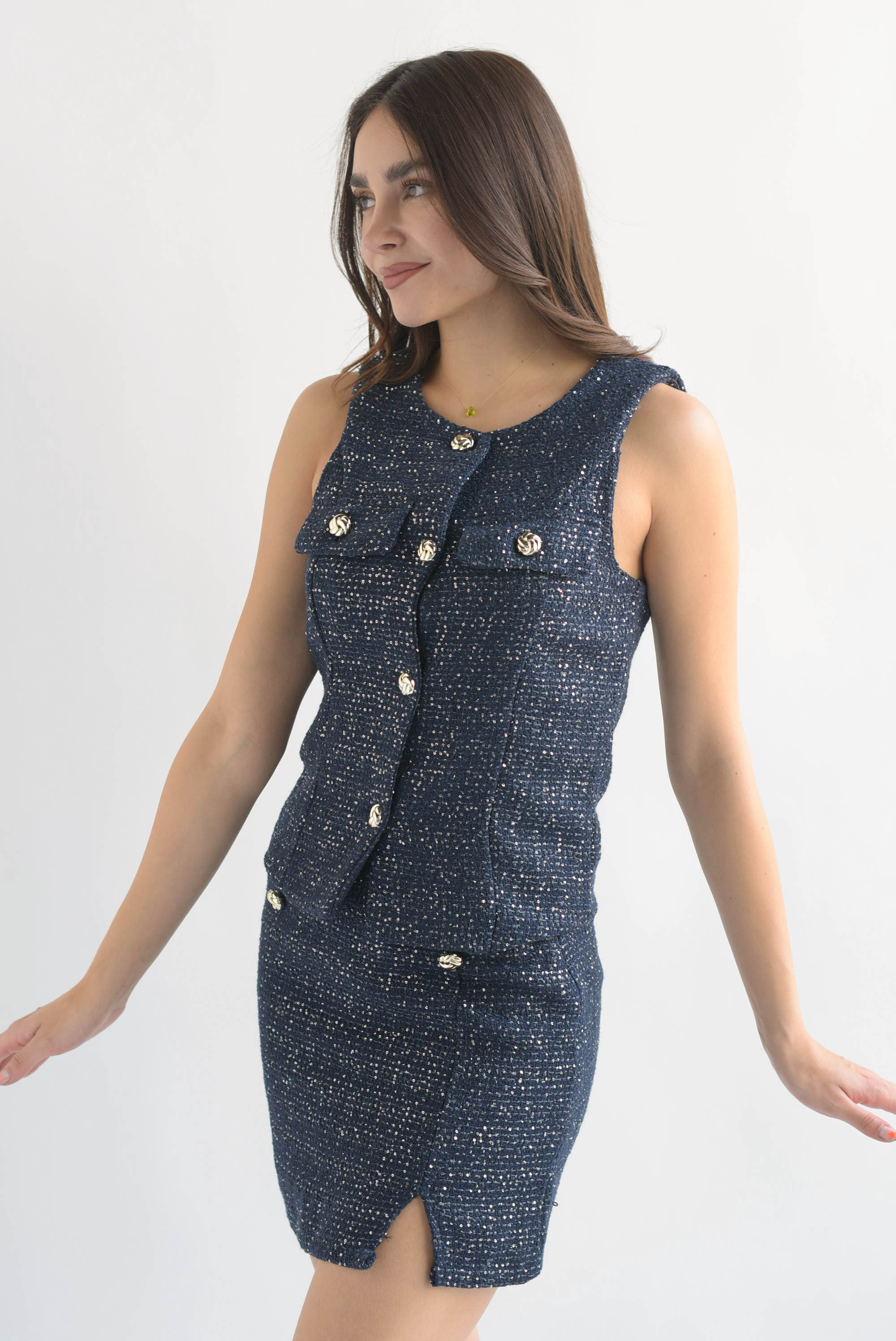 Set Falda y Chaleco tweed lentejuela Azul Marino