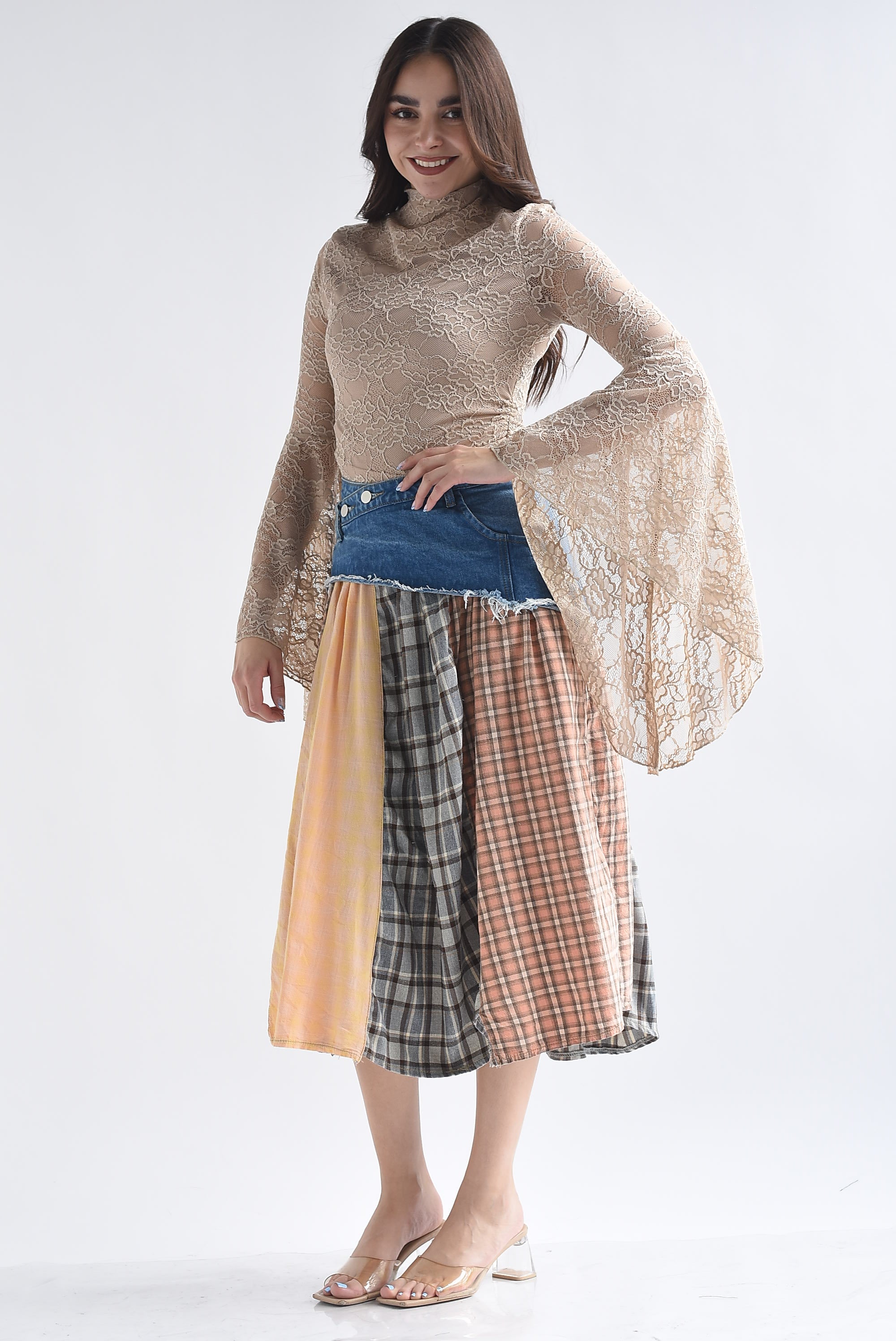 Falda patchwork cuadros pretina denim