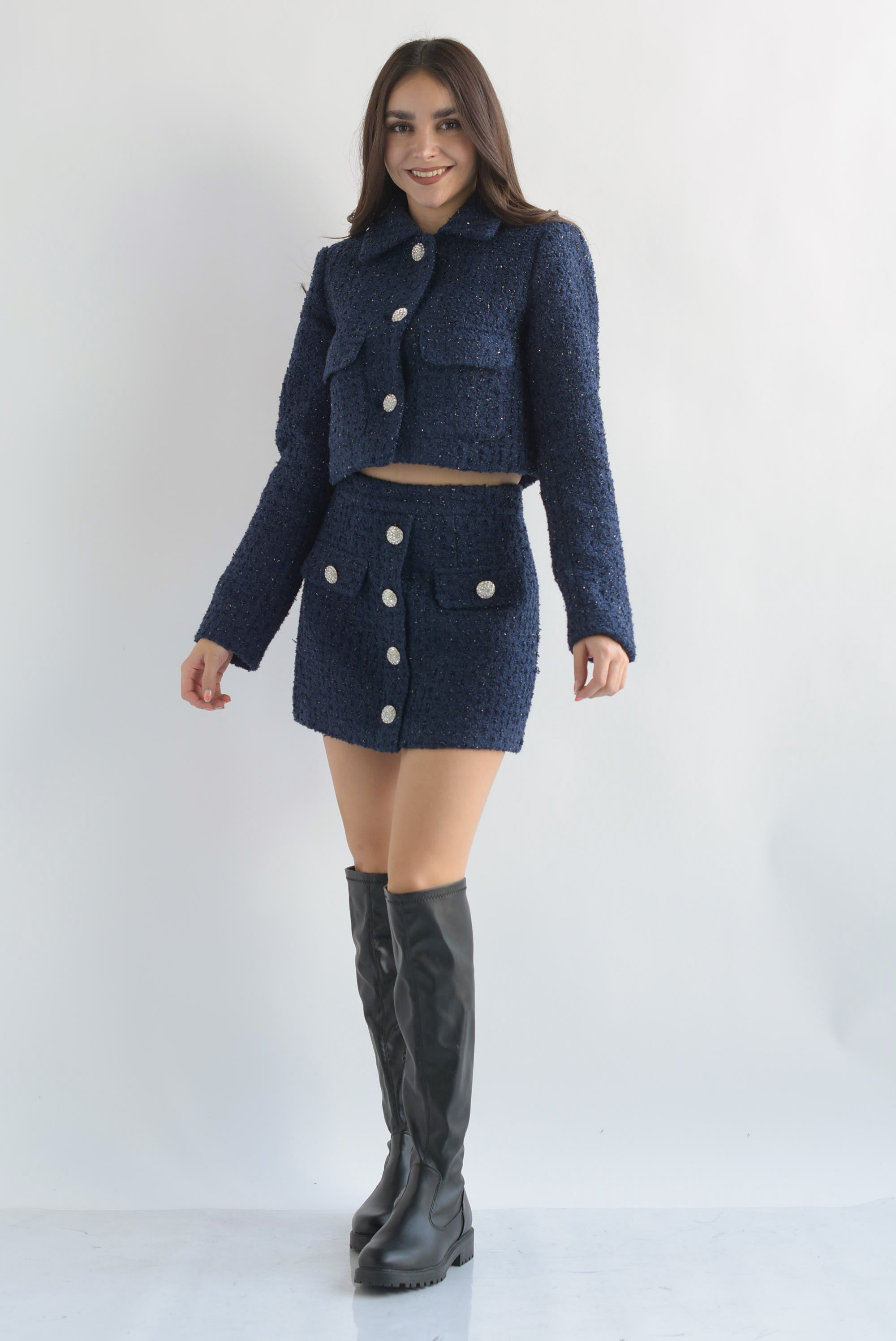 Set Falda y Blazer tweed botón joya Azul Marino