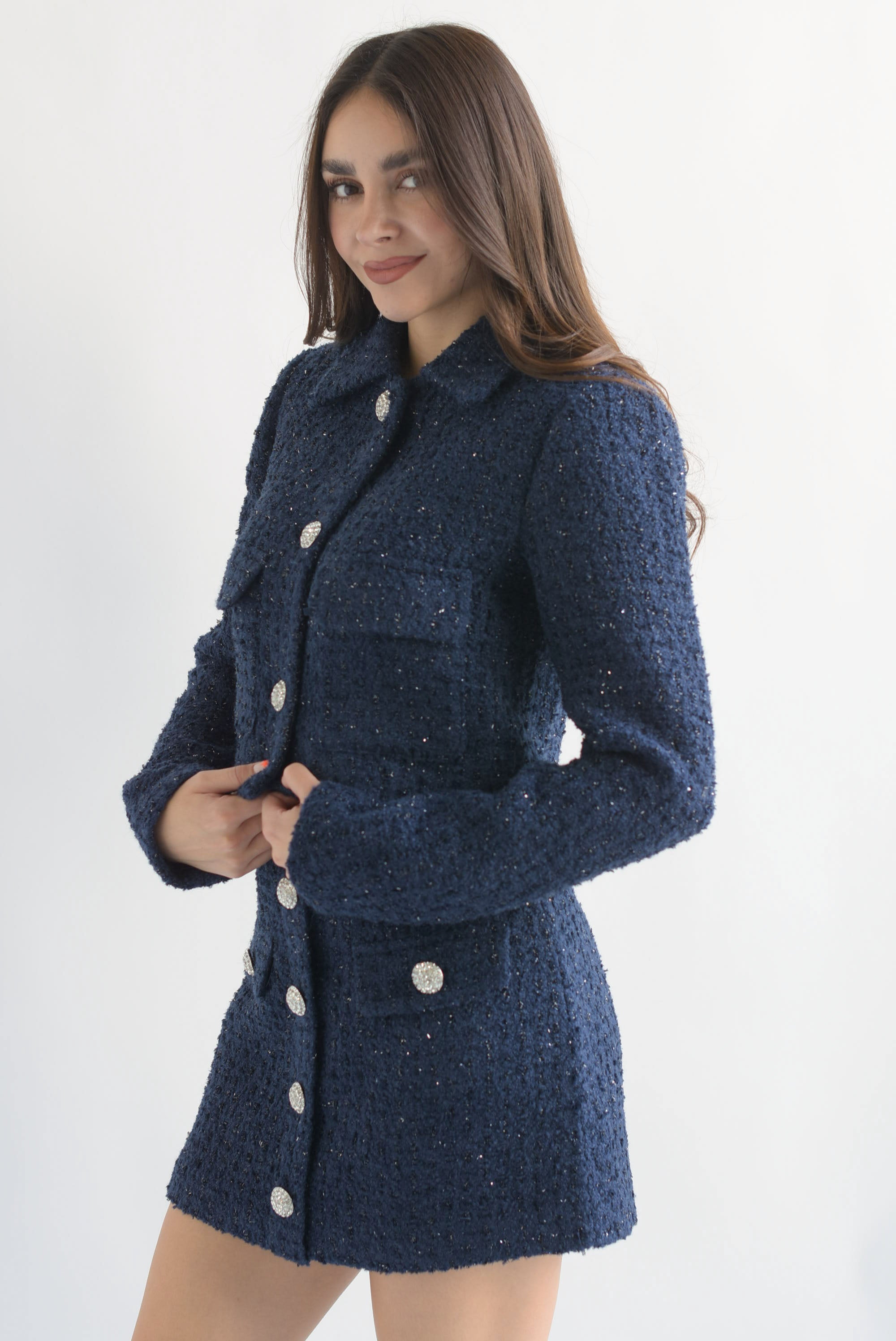Set Falda y Blazer tweed botón joya Azul Marino