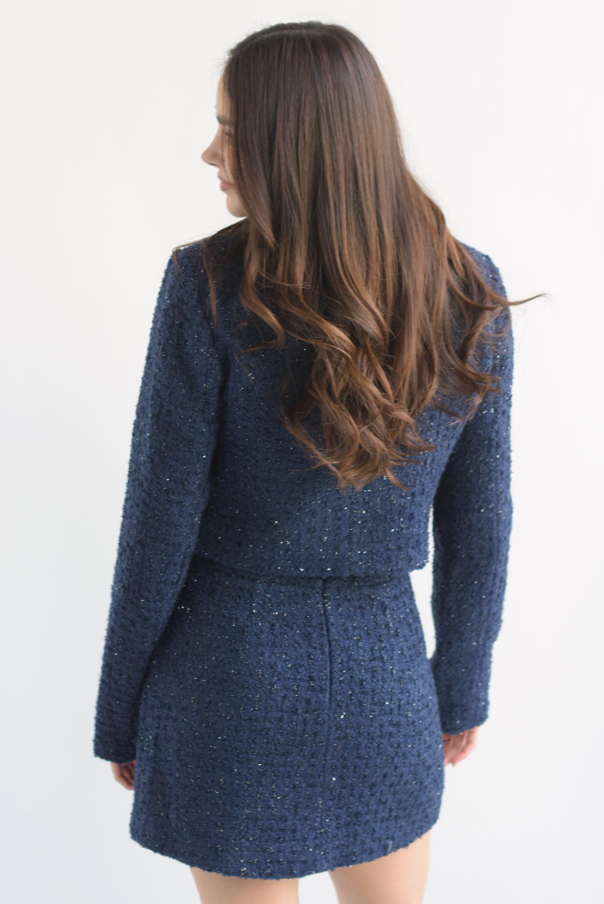 Set Falda y Blazer tweed botón joya Azul Marino