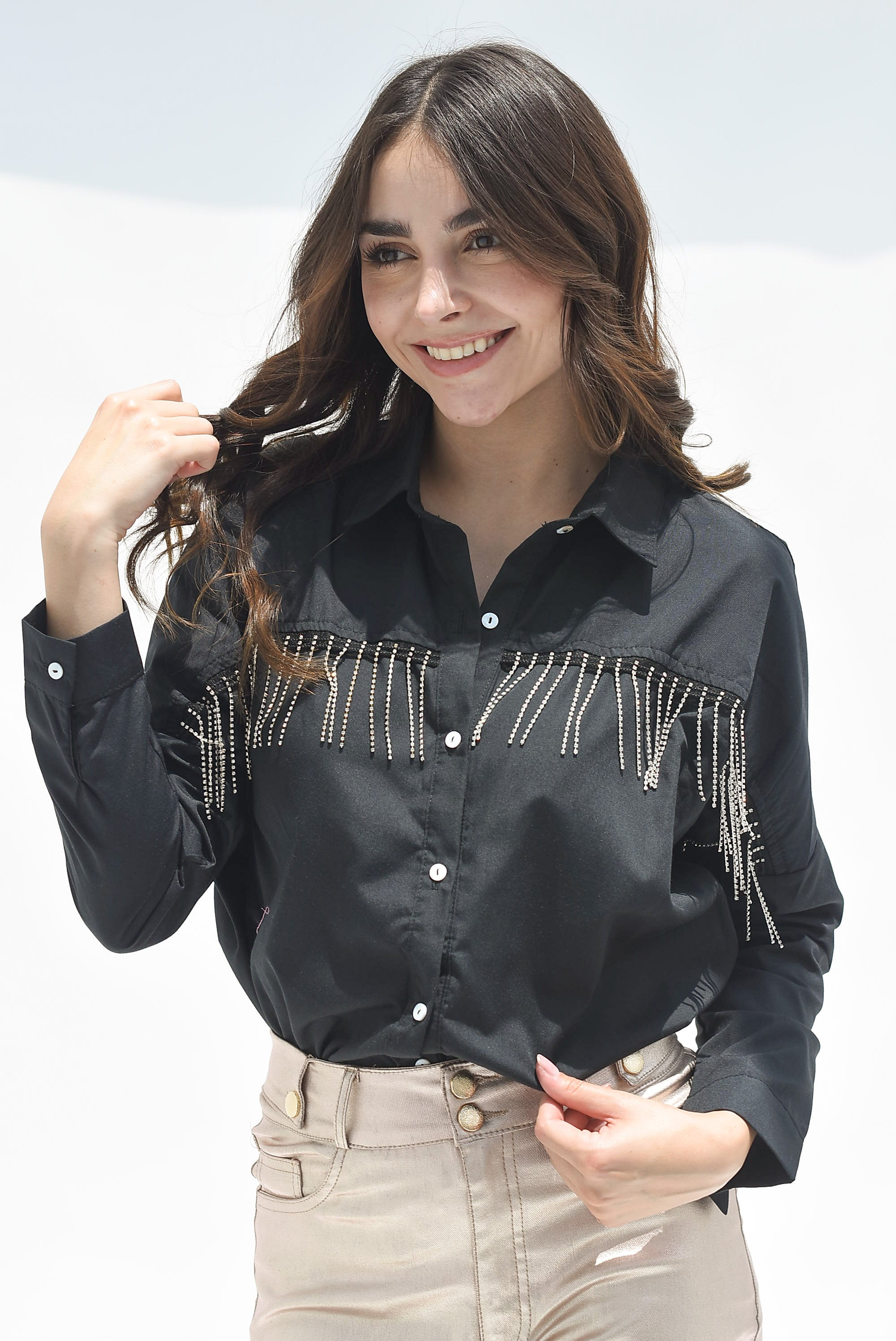 Camisa flecos brillos Negra