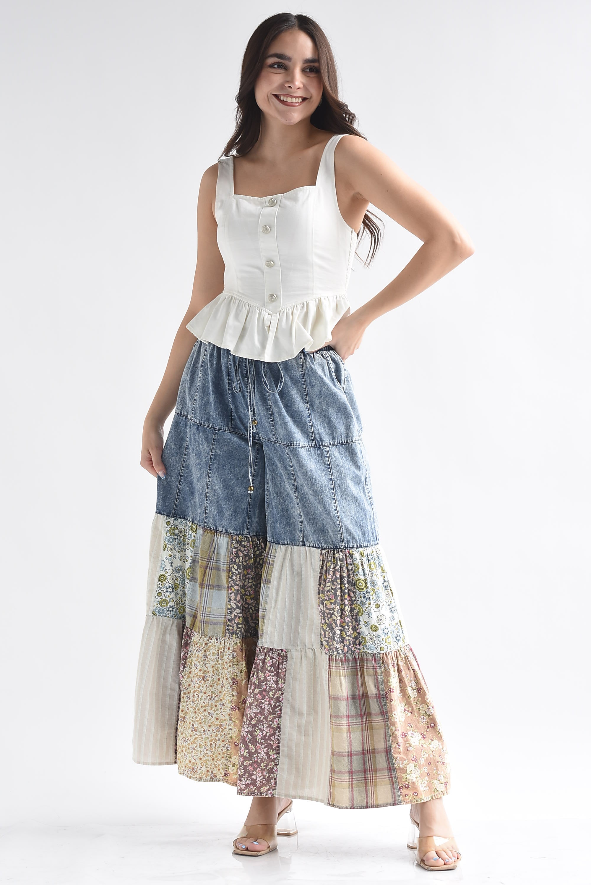 Pantalón denim maxi campana patchwork