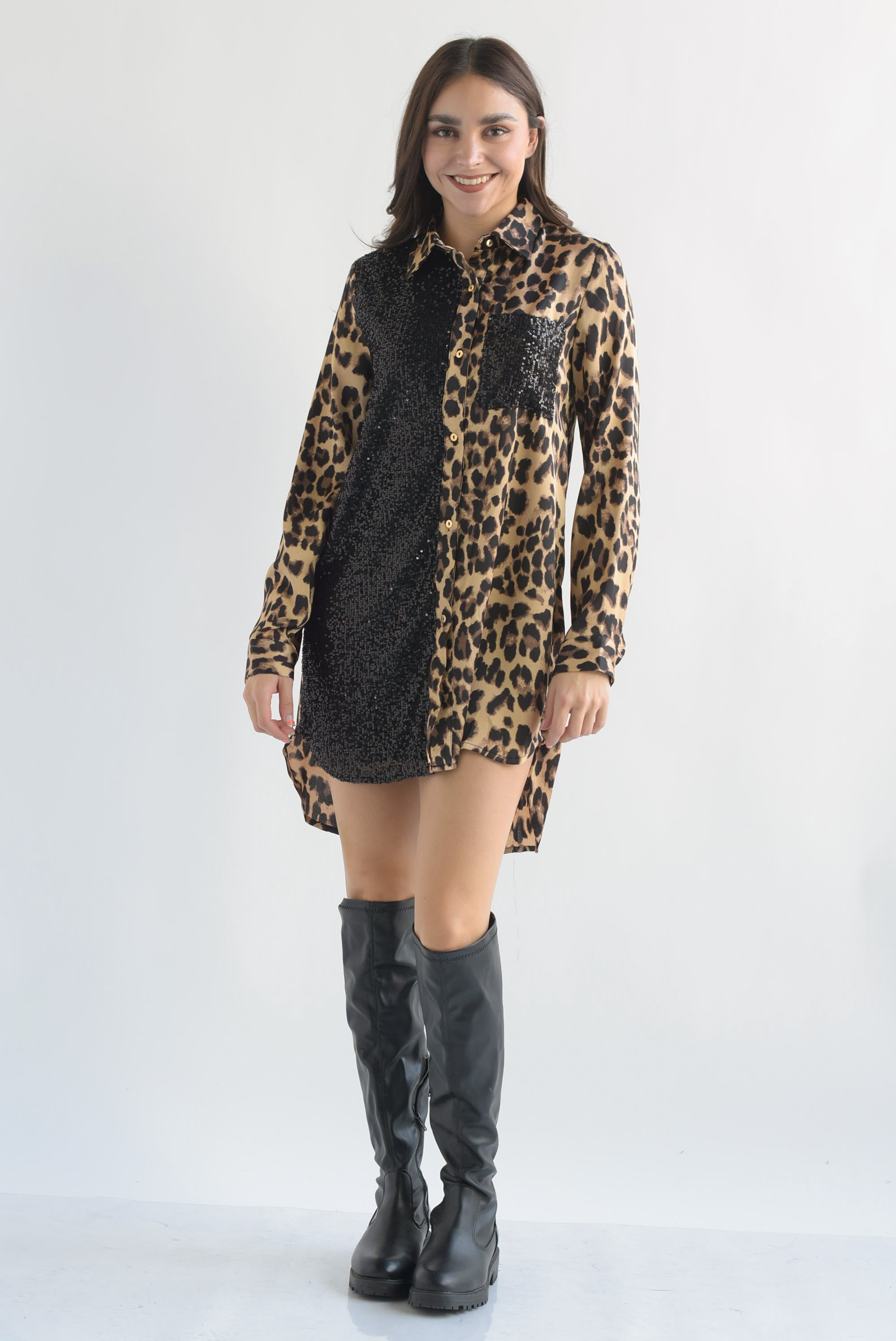 Vestido camisa con lentejuela Leopardo