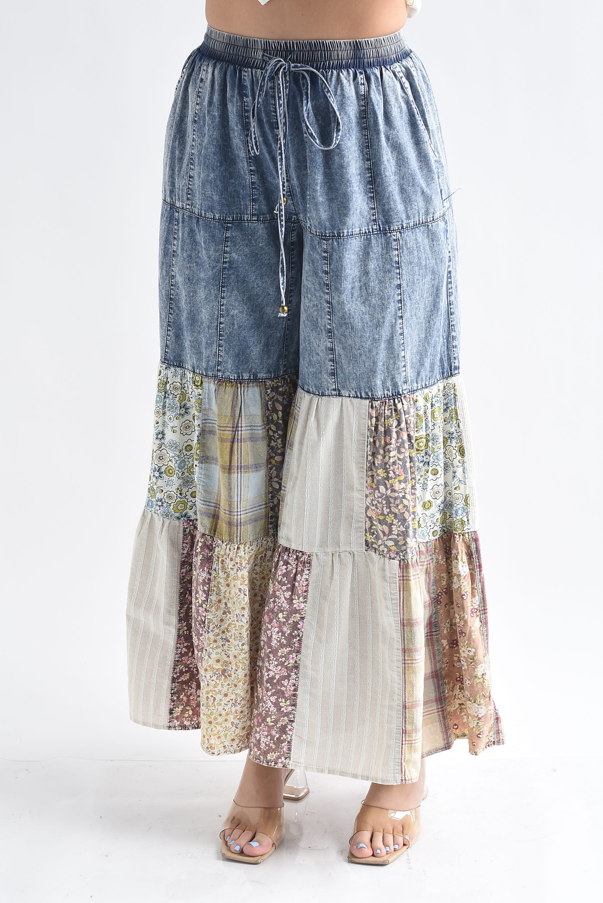 Pantalón denim maxi campana patchwork