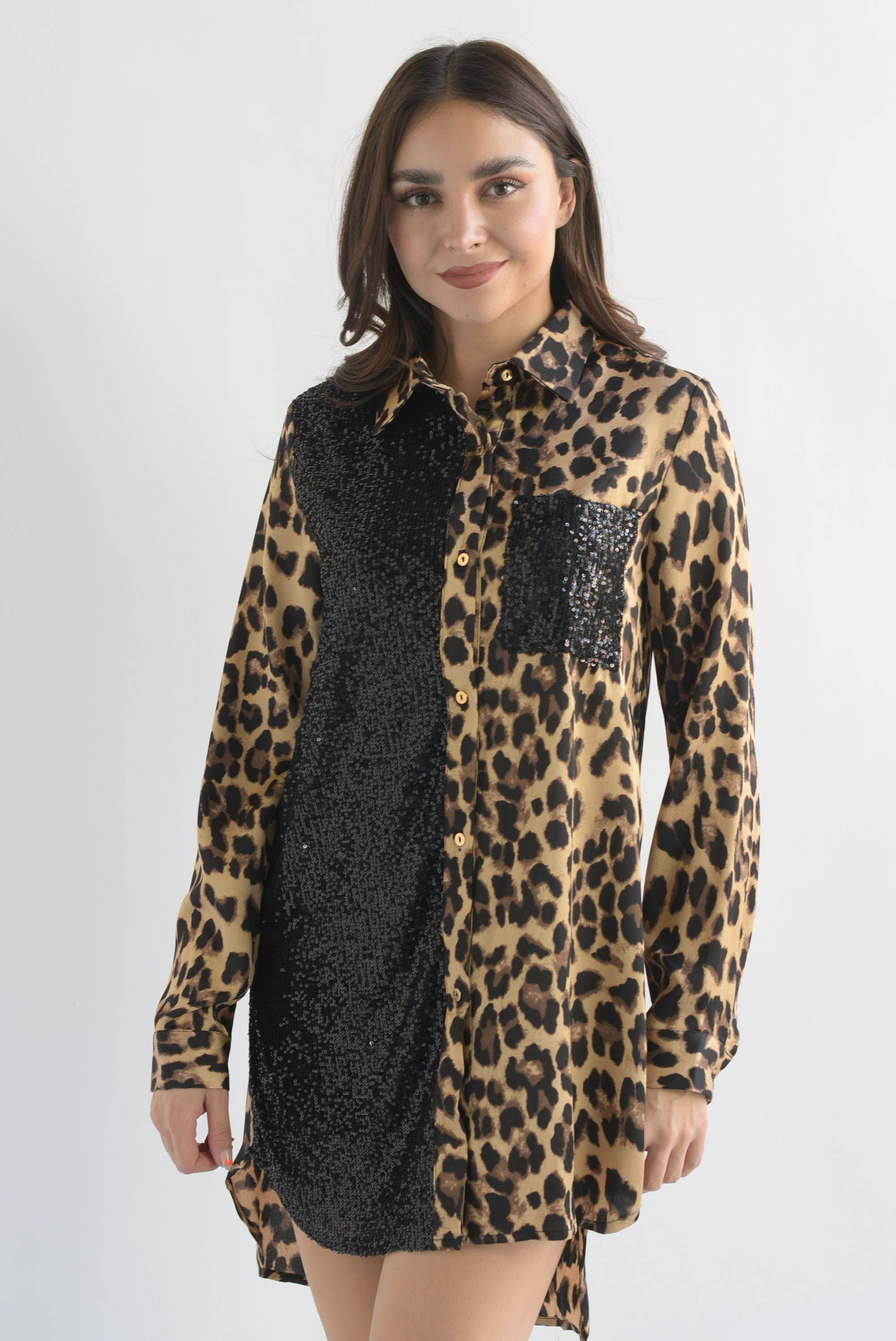 Vestido camisa con lentejuela Leopardo