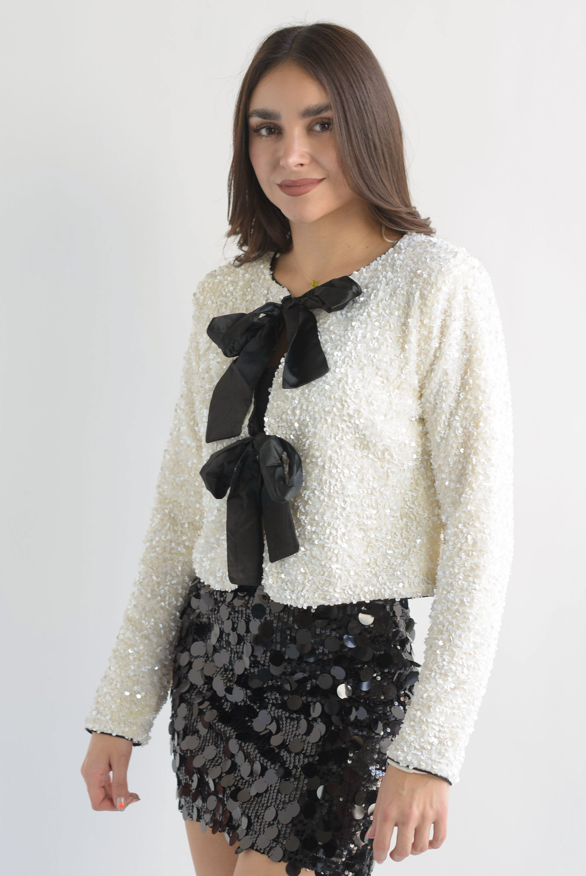 Blazer corto lentejuela lazos Blanco Cloud