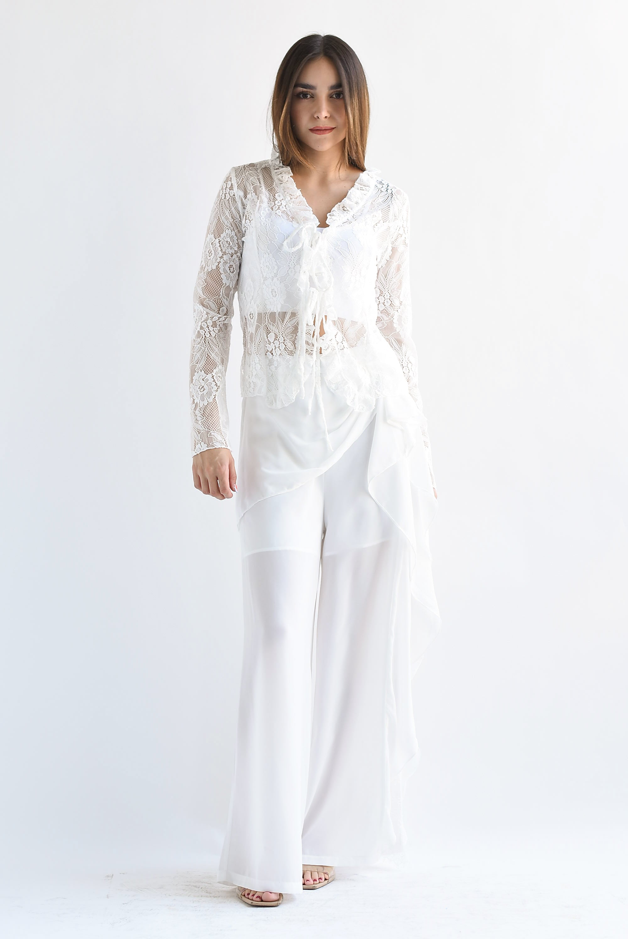 Pantalón wide olán encaje Blanco