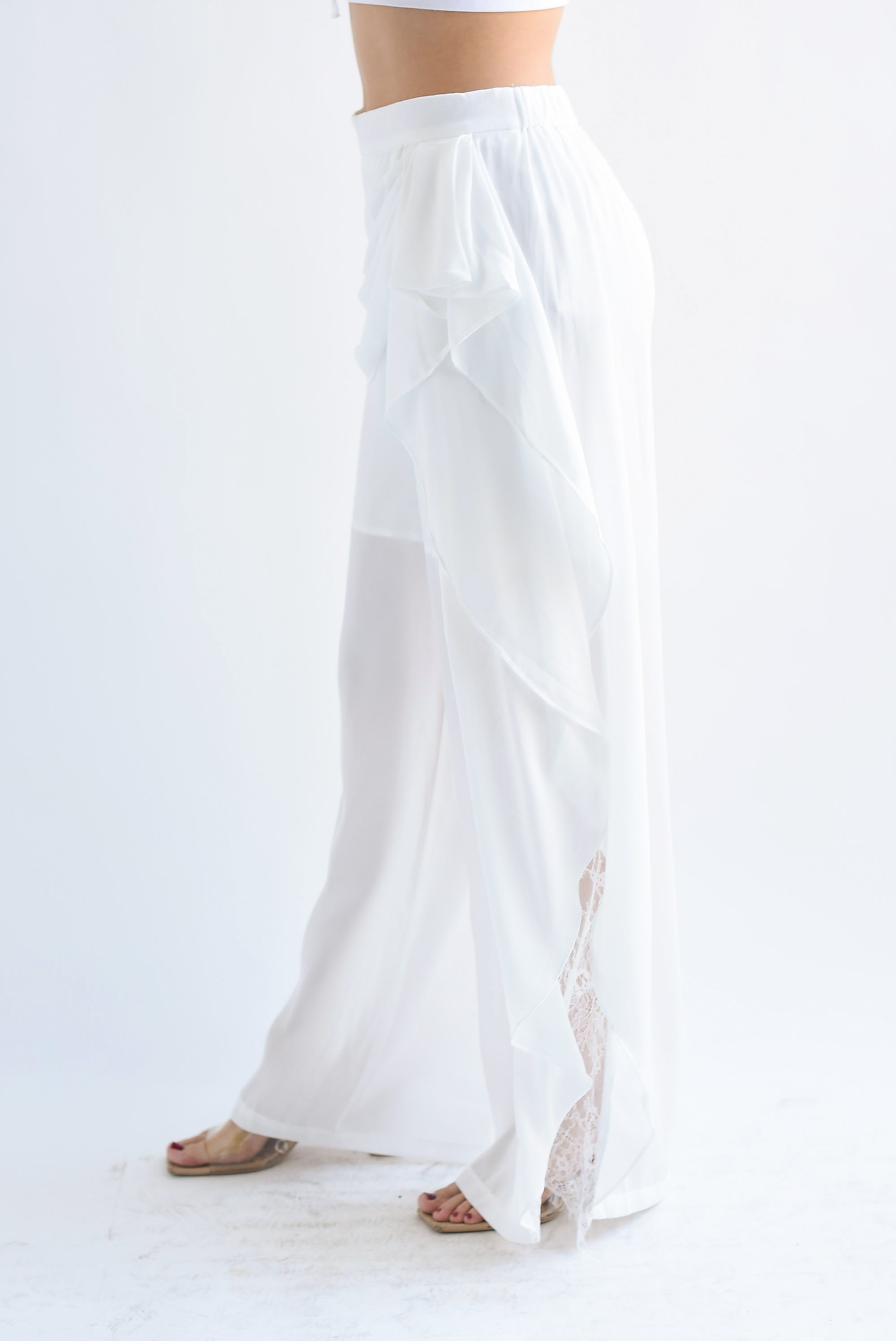 Pantalón wide olán encaje Blanco
