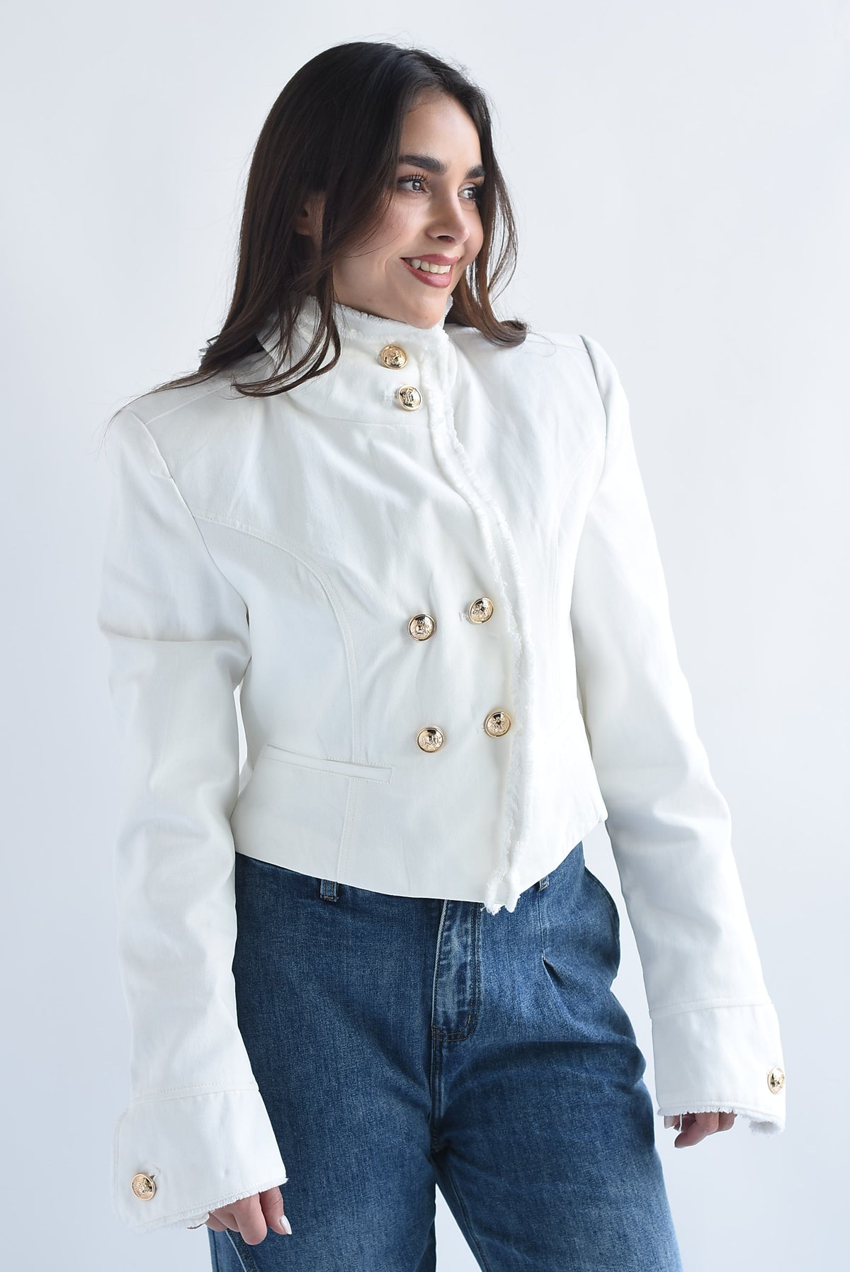 Blazer botones cruzados cuello funnel Denim