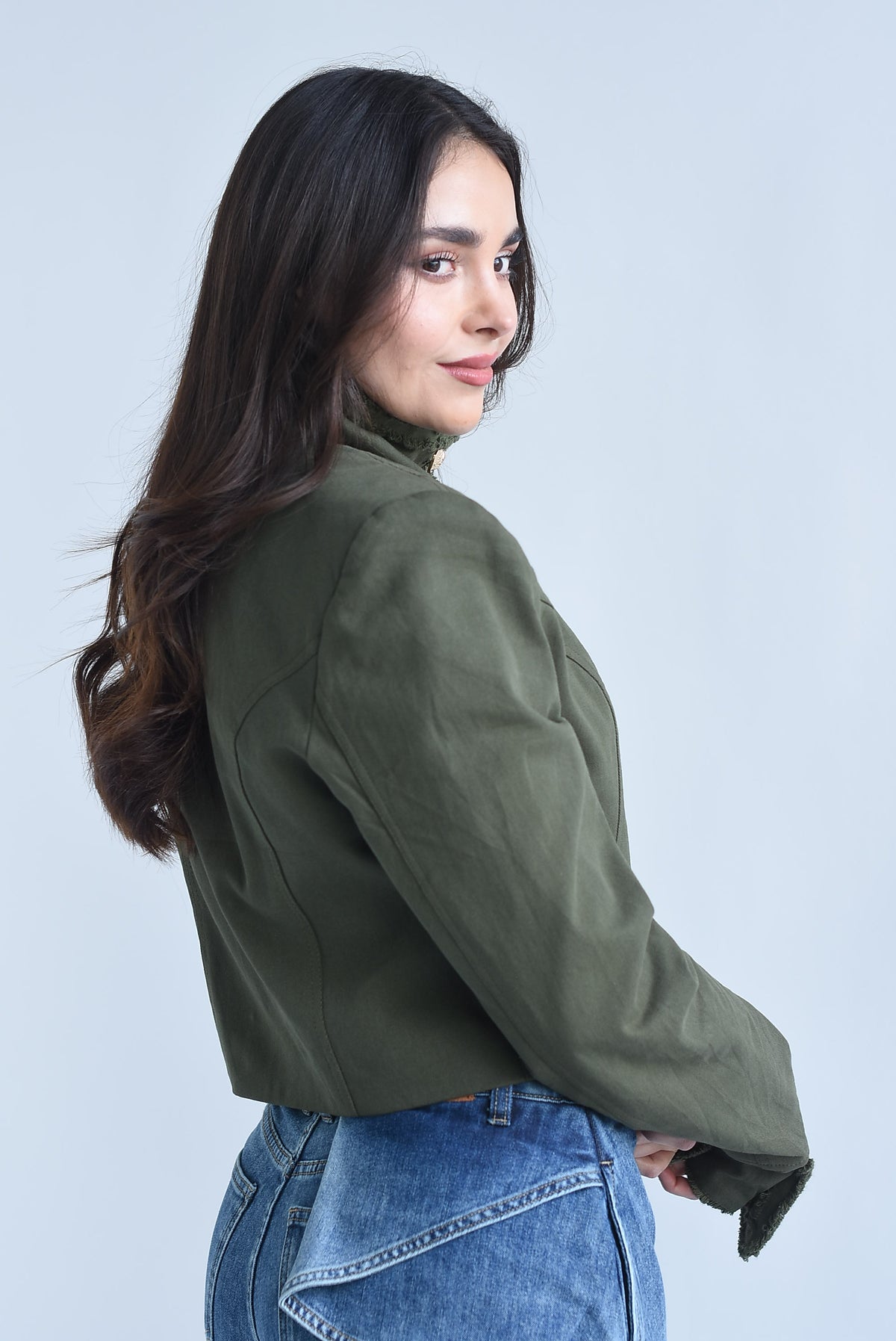Blazer botones cruzados cuello funnel Denim