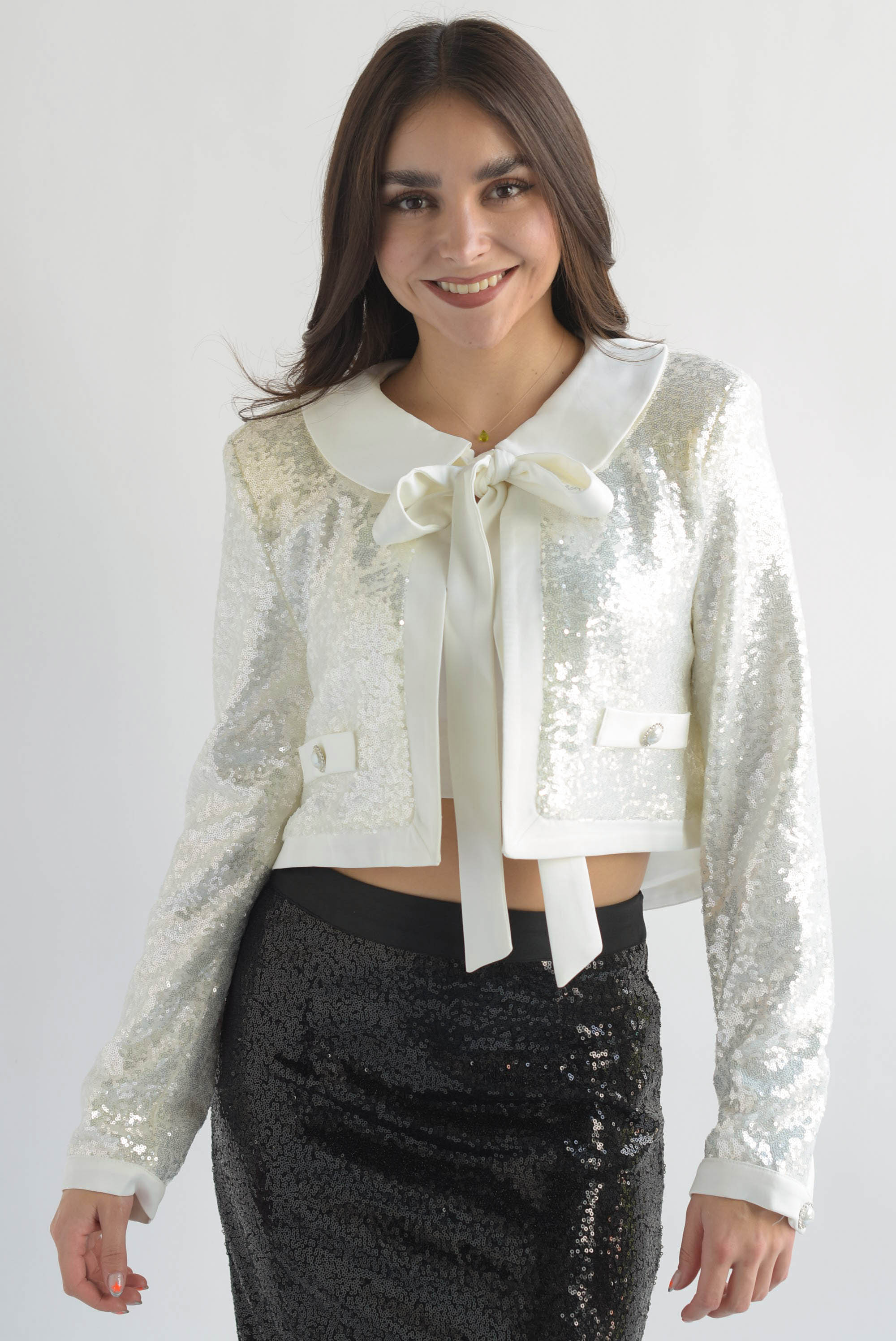 Blazer lentejuela cuello lazo Blanco