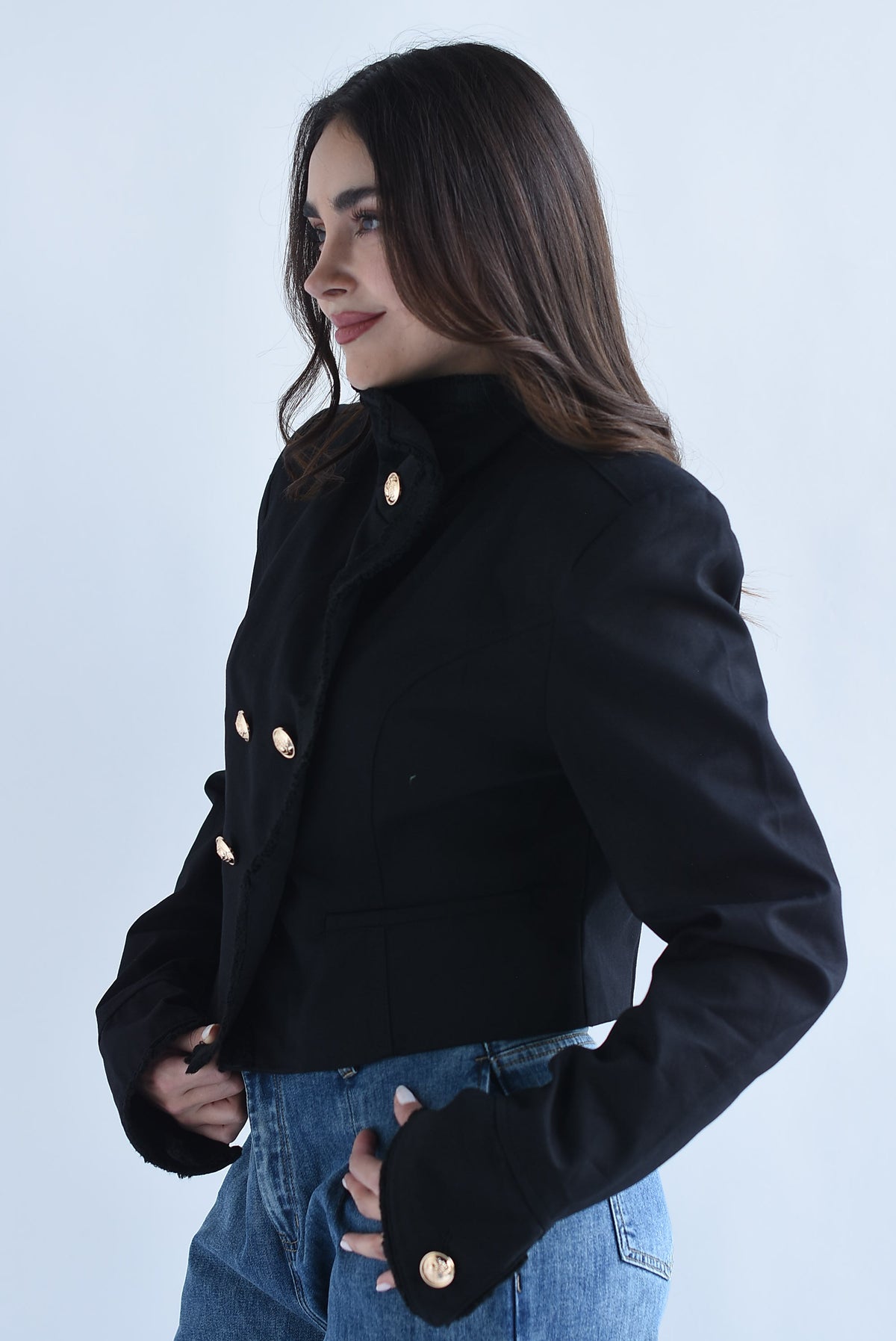 Blazer botones cruzados cuello funnel Denim
