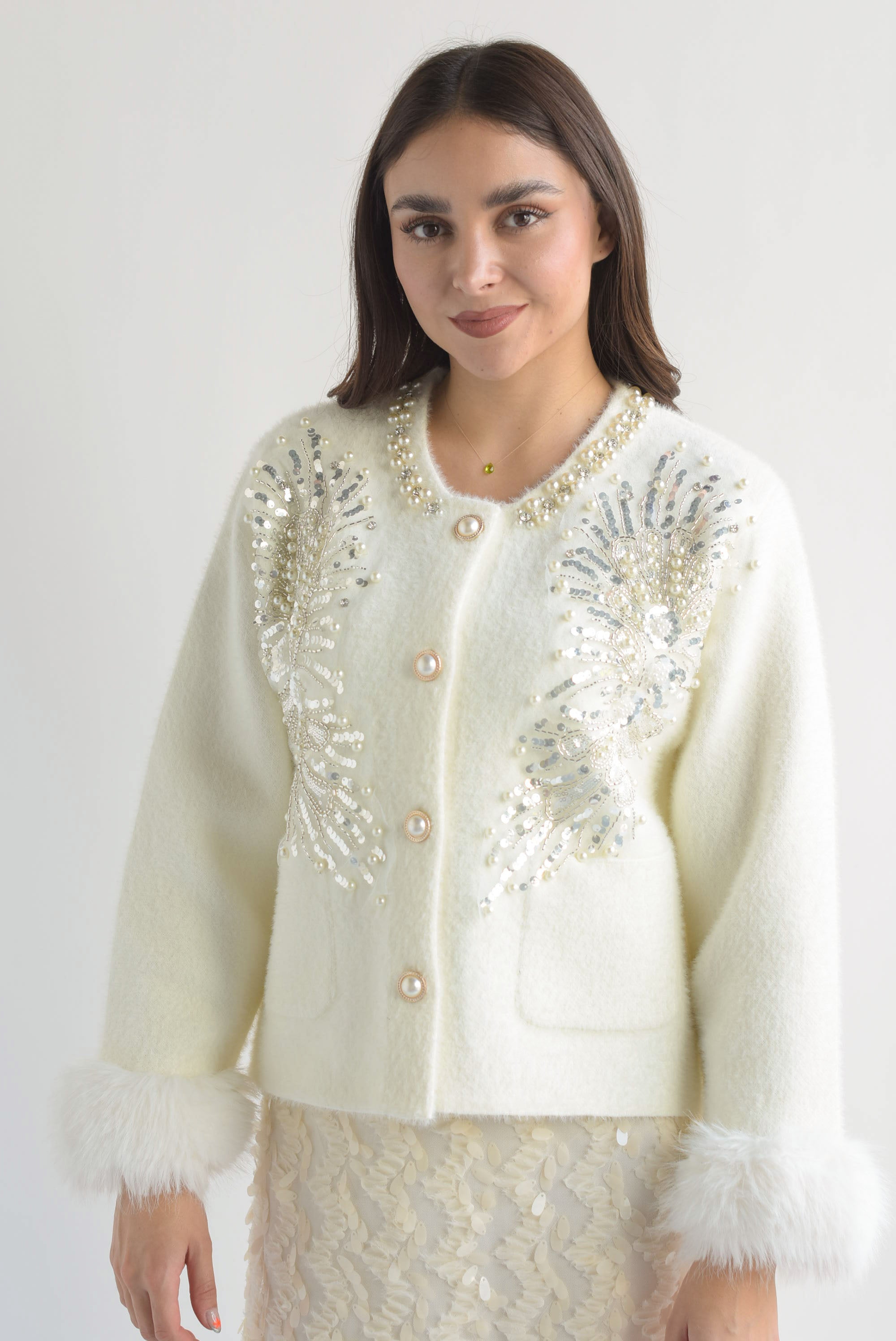 Cárdigan fur lentejuela y perlas Blanco Cloud
