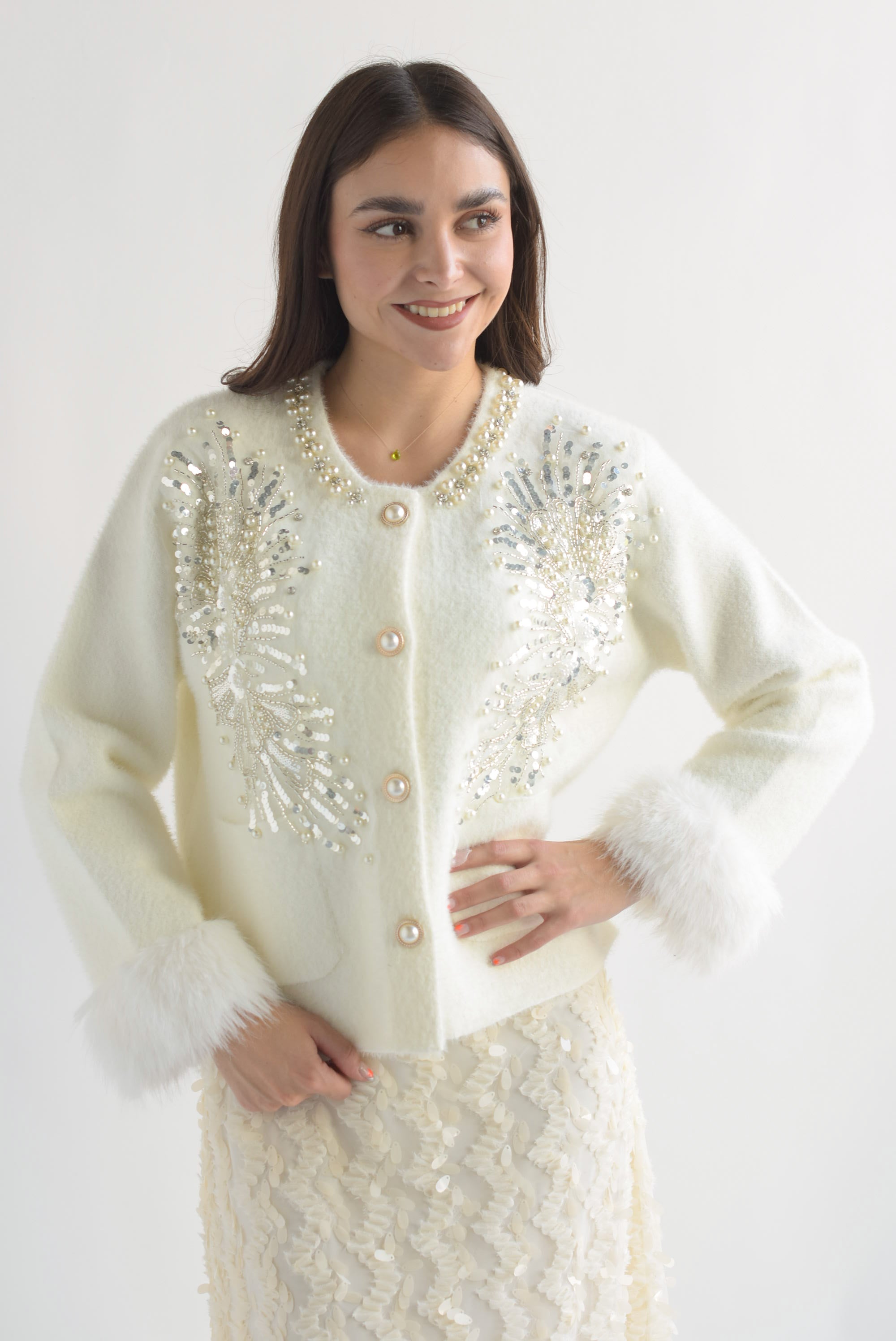 Cárdigan fur lentejuela y perlas Blanco Cloud
