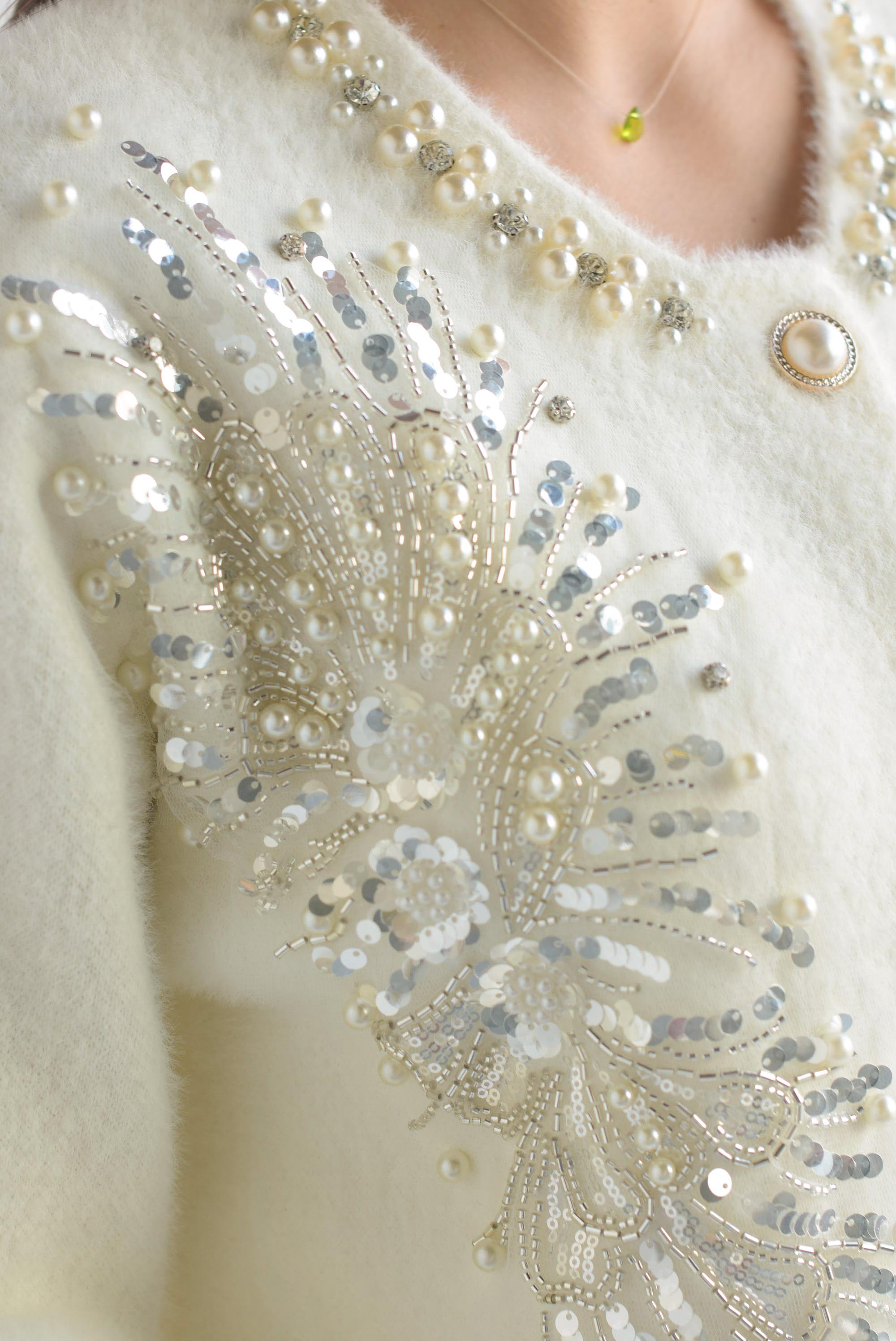 Cárdigan fur lentejuela y perlas Blanco Cloud