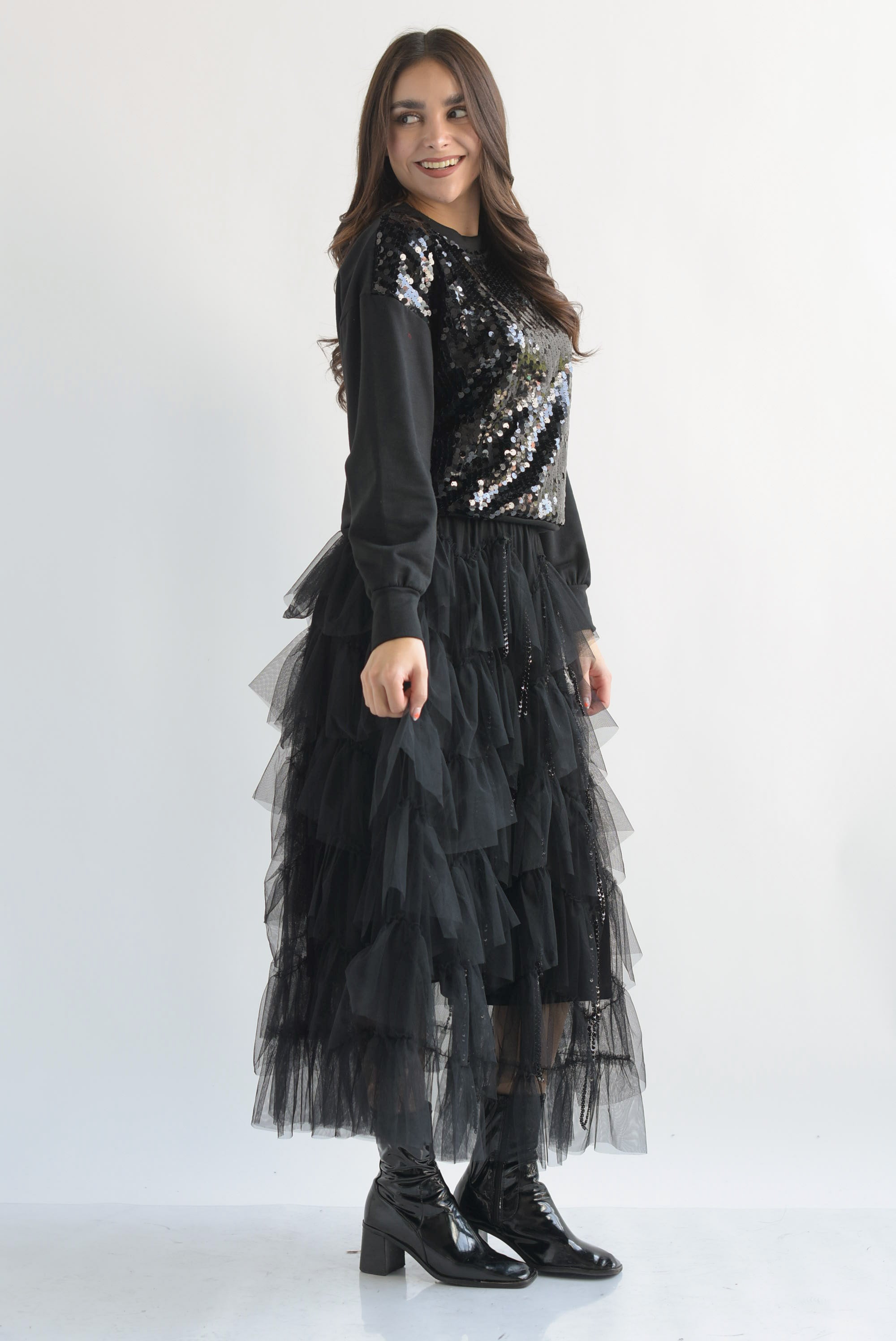 Falda olanes tulle flecos lentejuela Negro