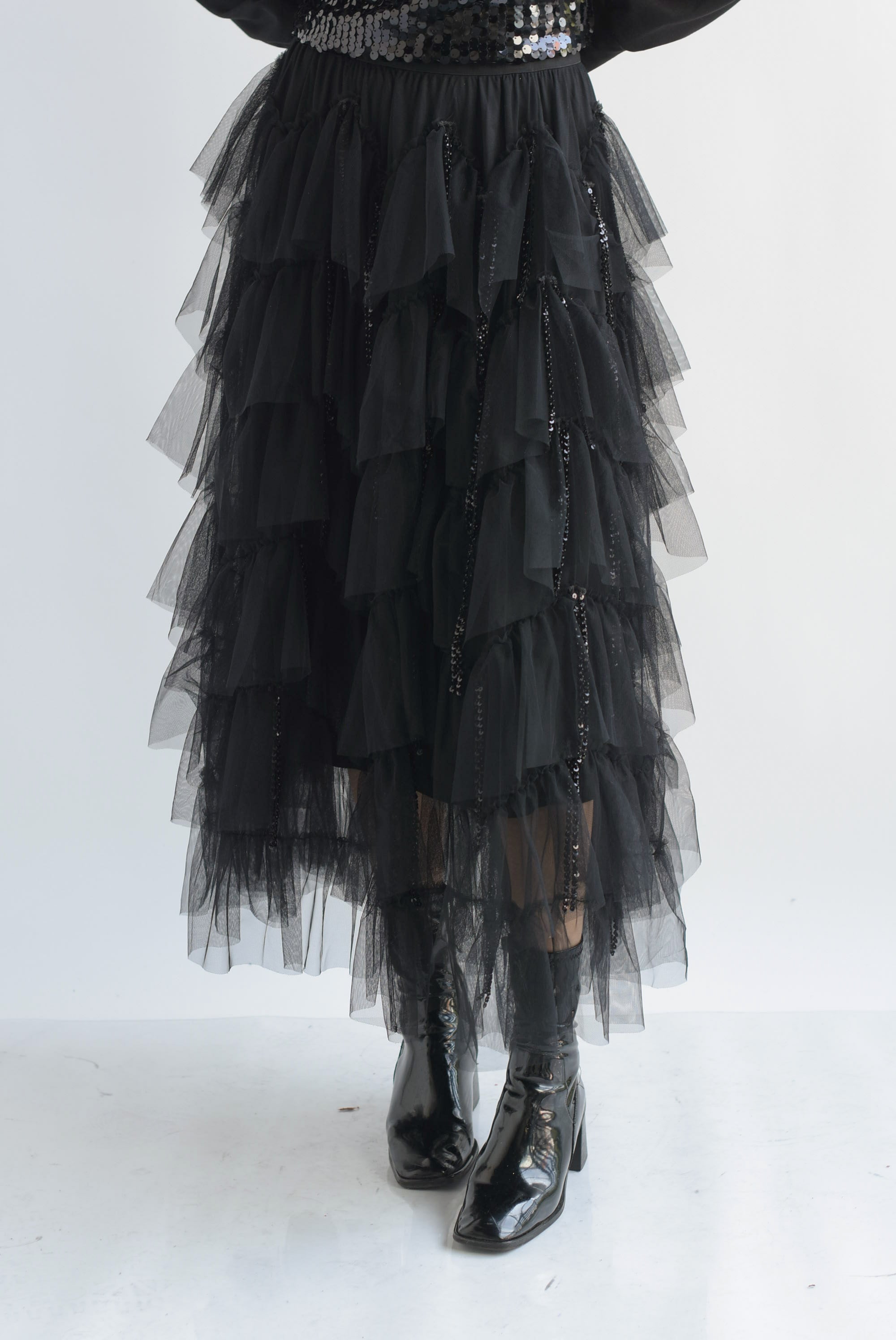 Falda olanes tulle flecos lentejuela Negro