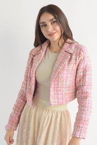 Fashion Styled Blazer corto tweed destello lentejuela Rosa
