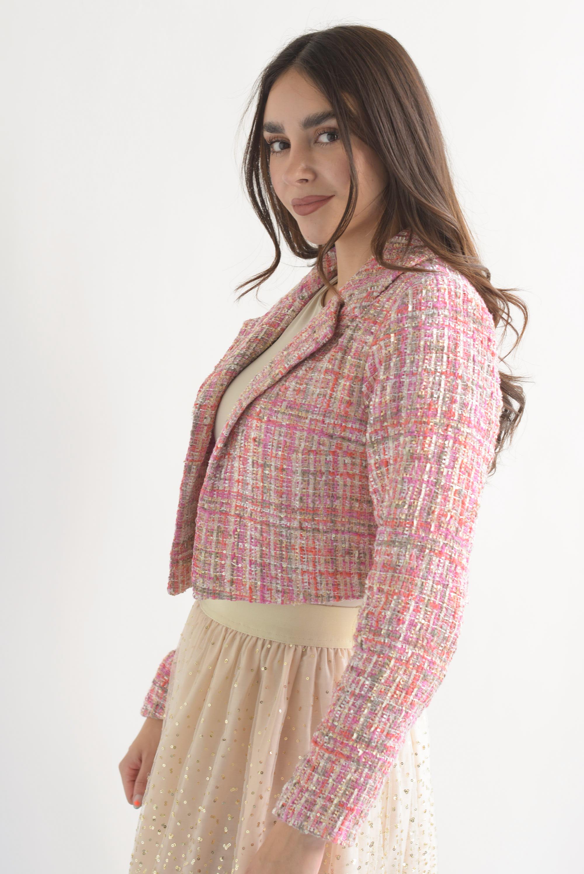 Blazer corto tweed destello lentejuela Rosa