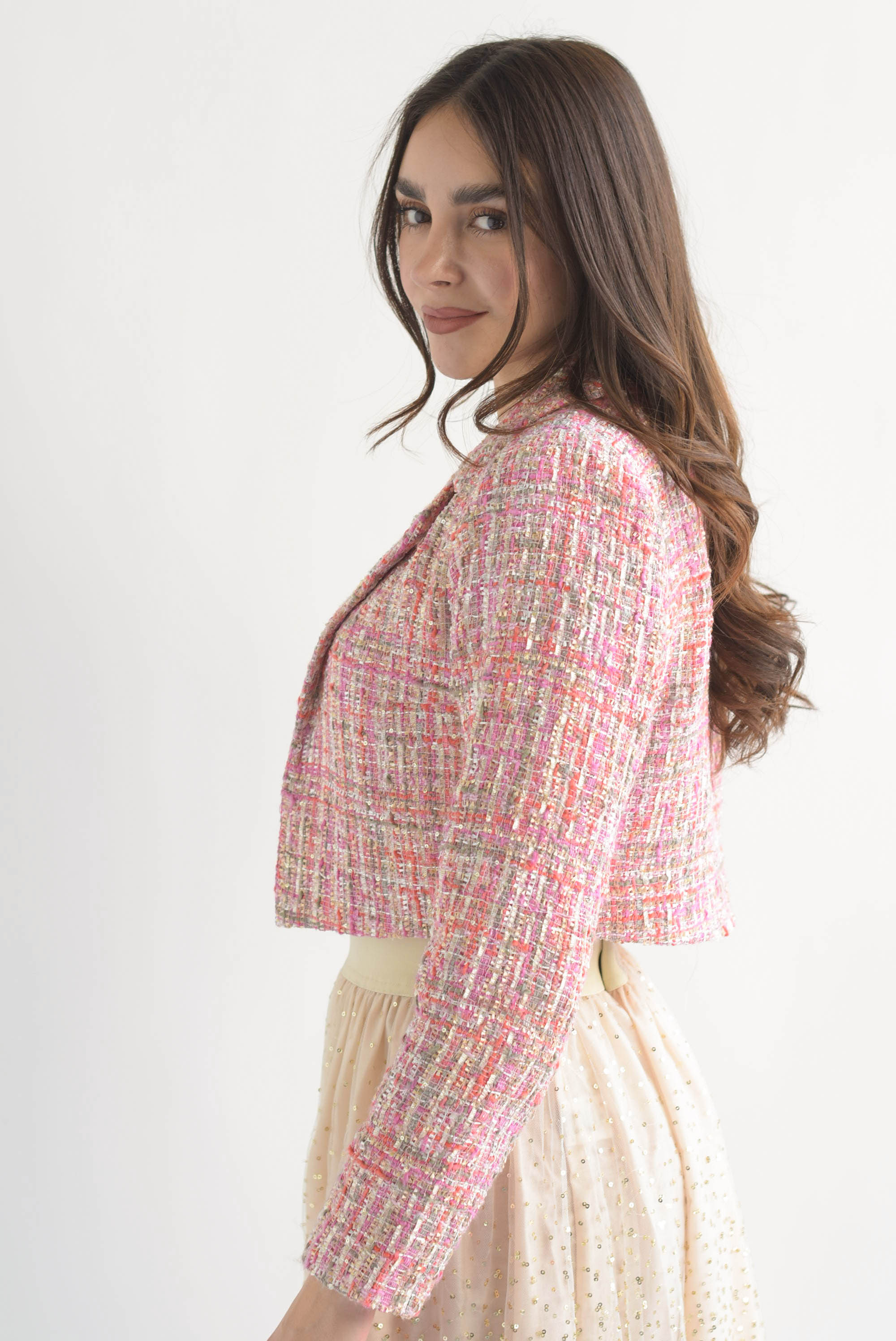 Blazer corto tweed destello lentejuela Rosa