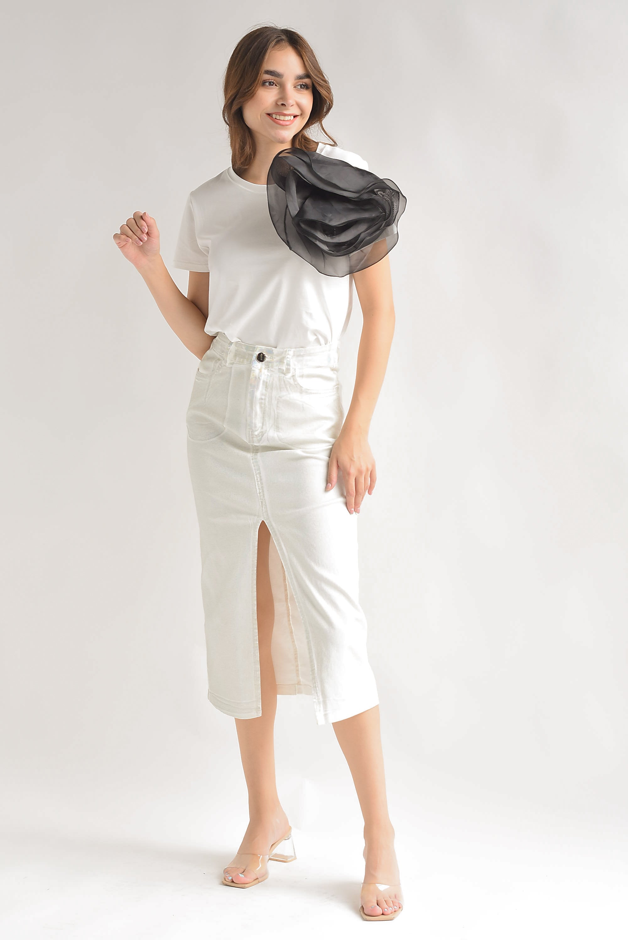 Falda recta denim foil Blanca