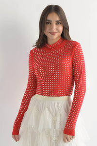 Fashion Styled Blusa mesh espejos Rojo