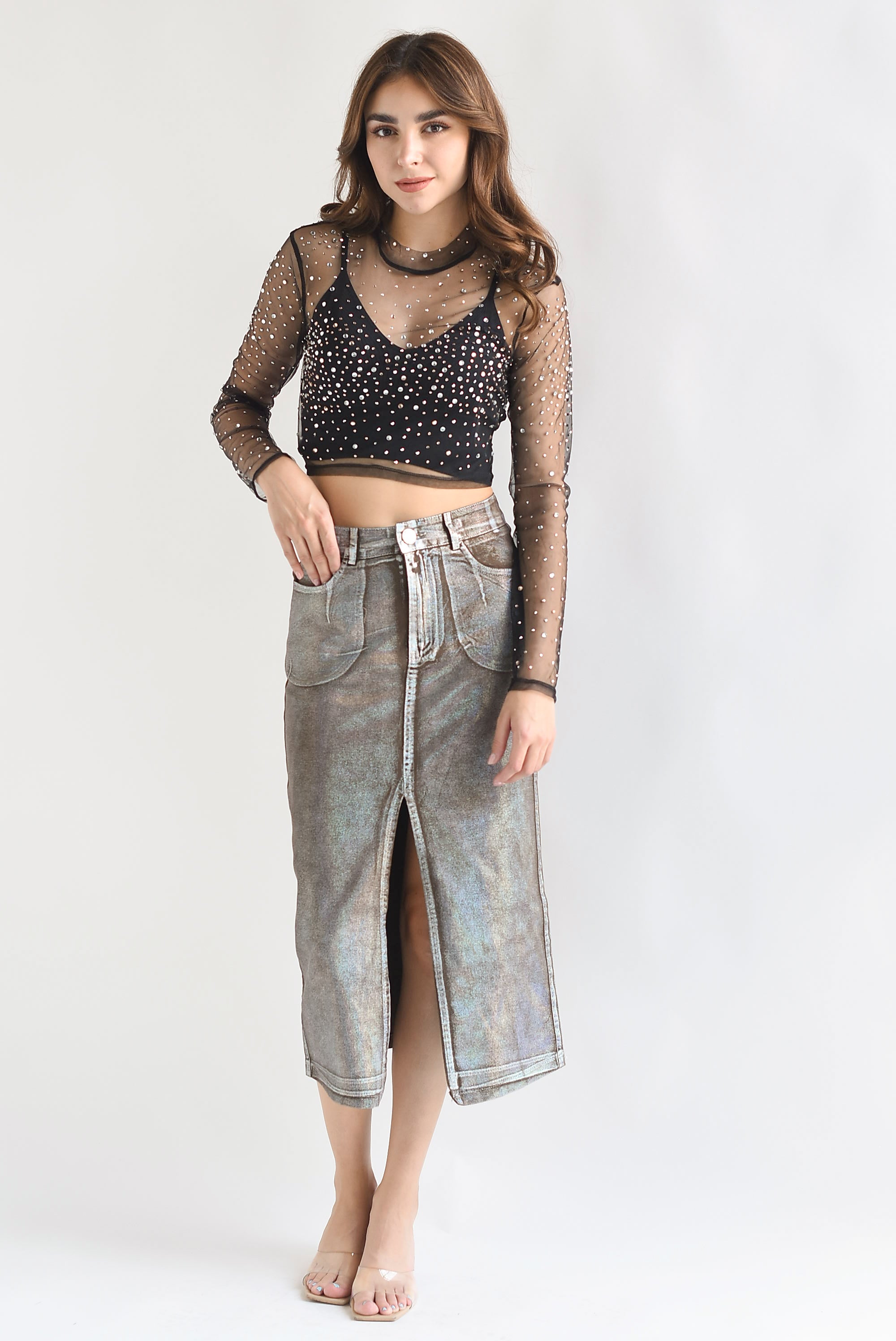 Falda recta denim foil Café