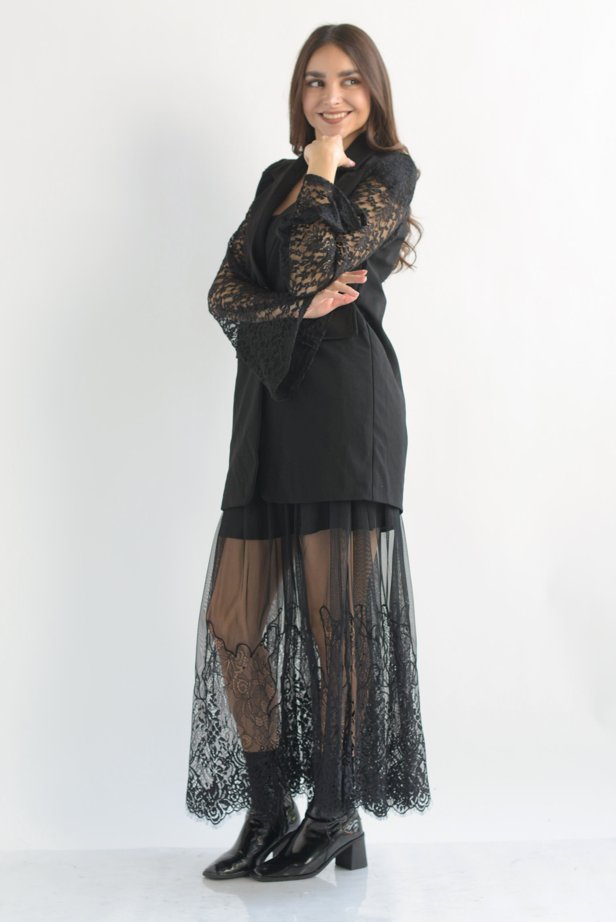 Blazer largo manga encaje Negro