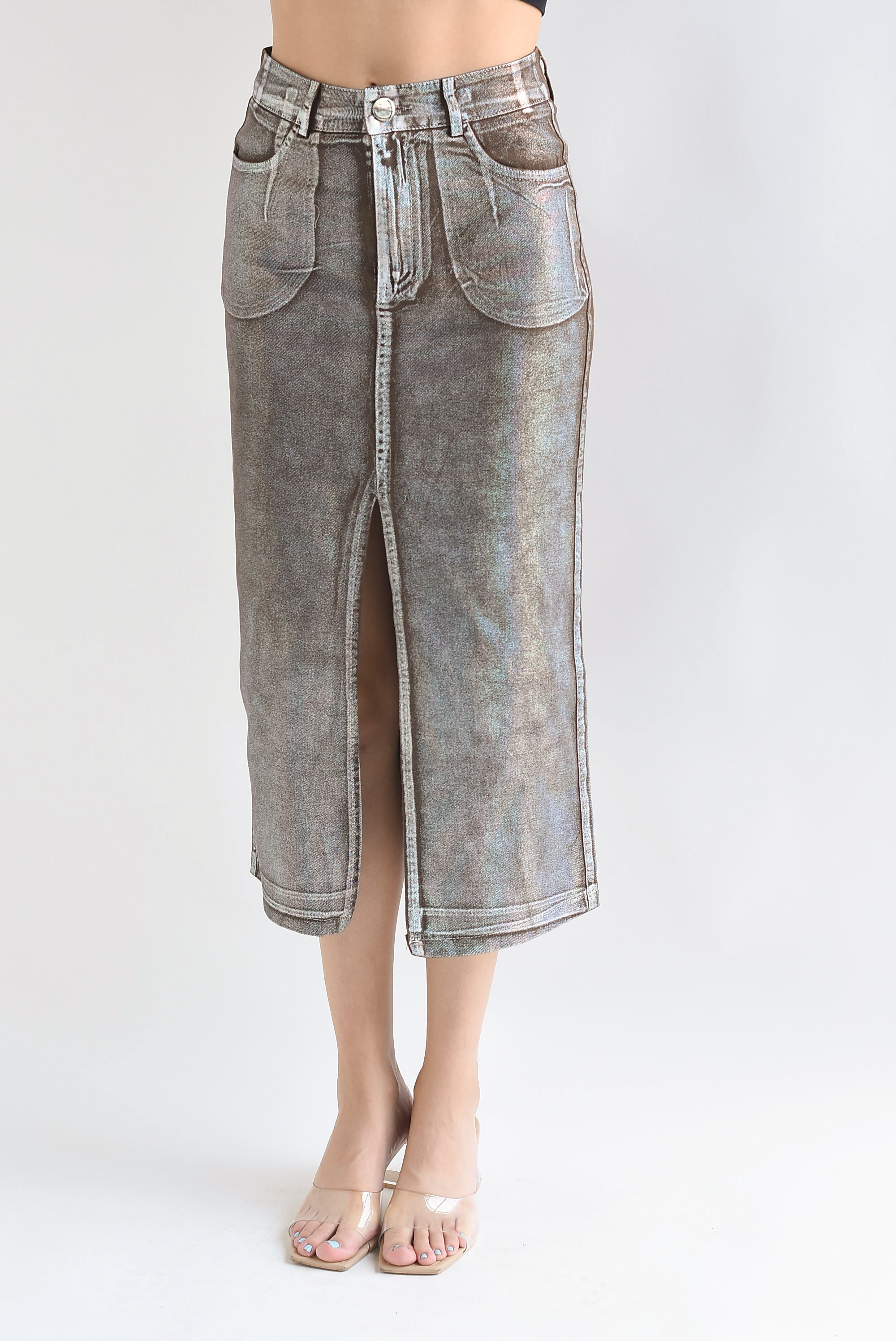 Falda recta denim foil Café