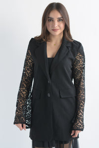 Fashion Styled Blazer largo manga encaje Negro