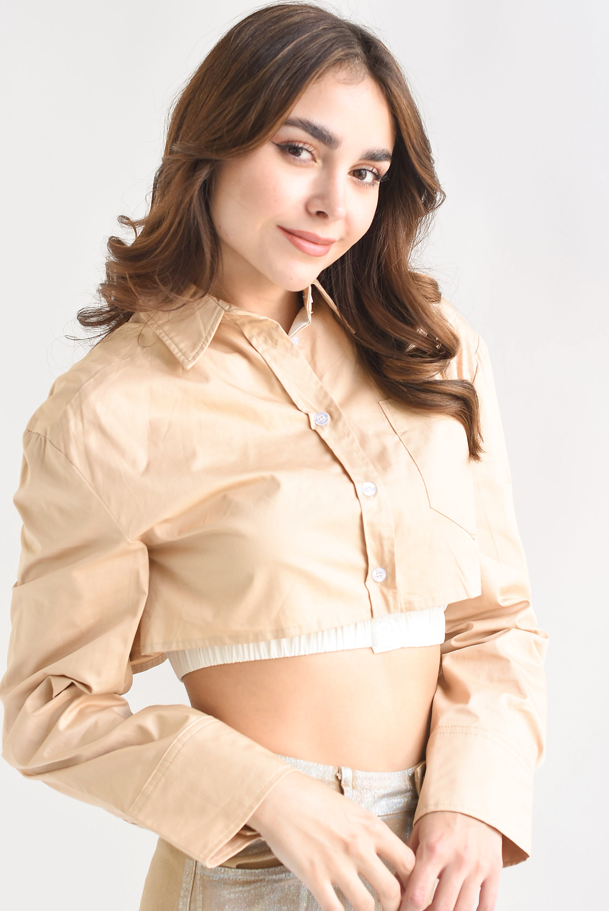 Camisa crop pretina elástica Camel
