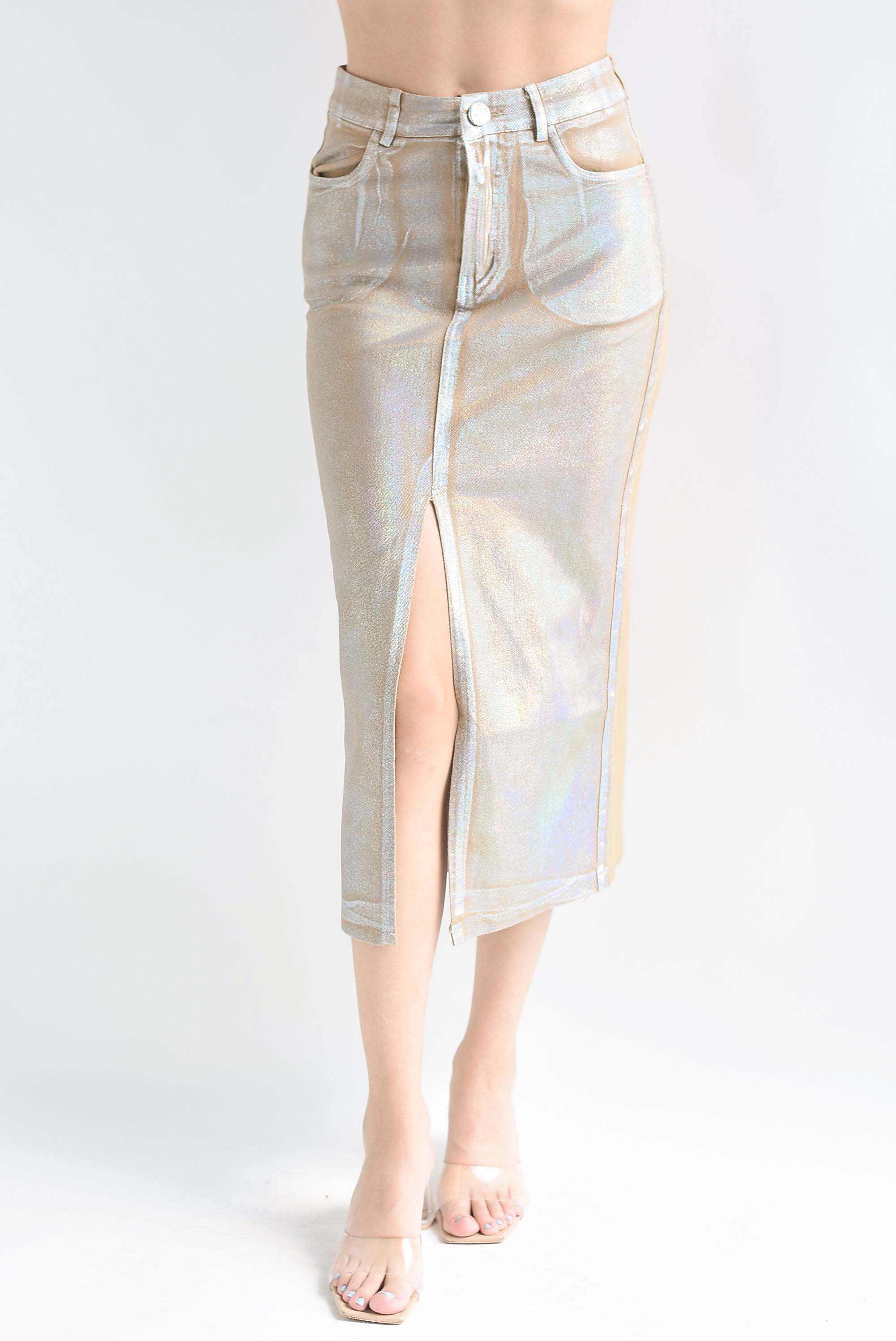 Falda recta denim foil Camel