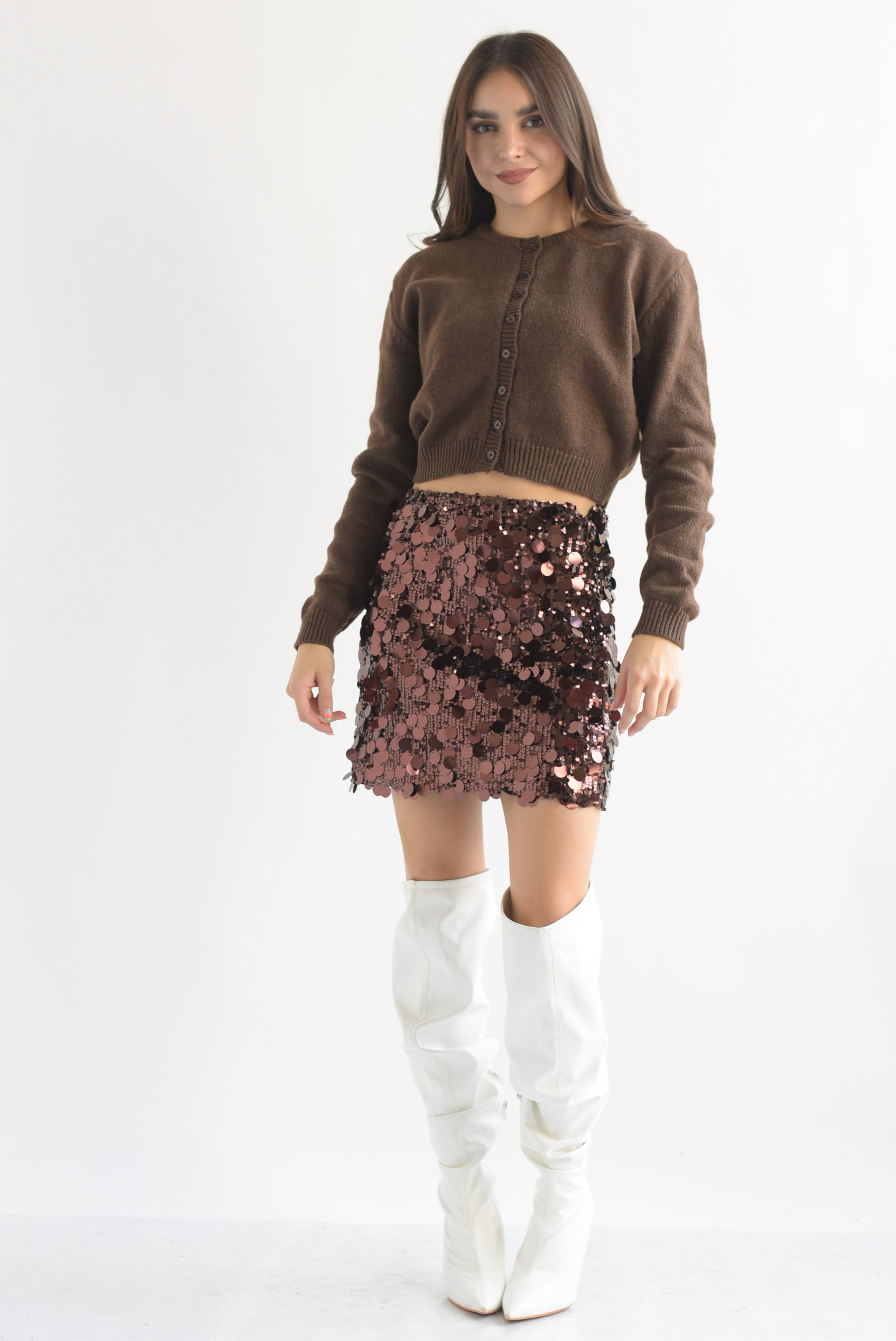 Falda corta multi lentejuela Café