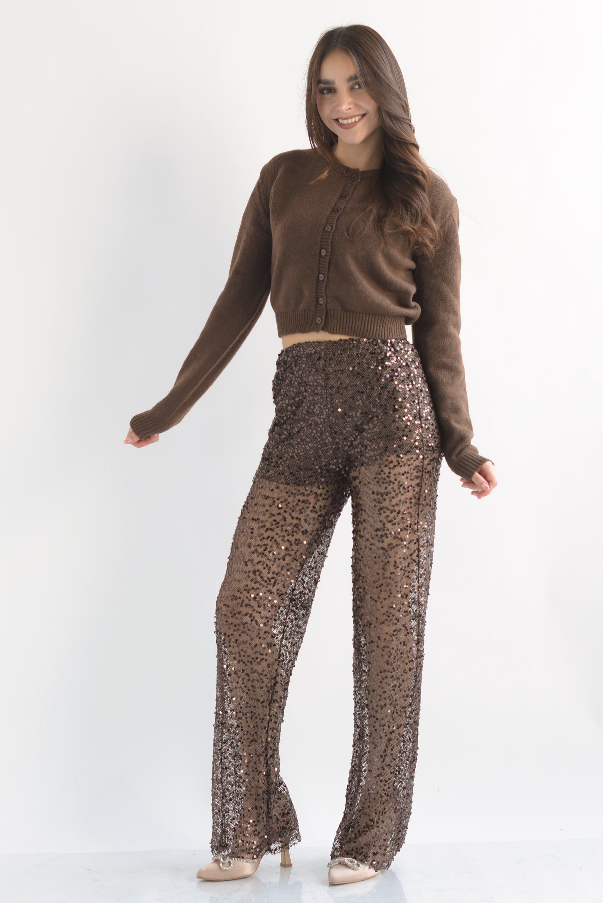 Pantalón fishnet lentejuela Espresso