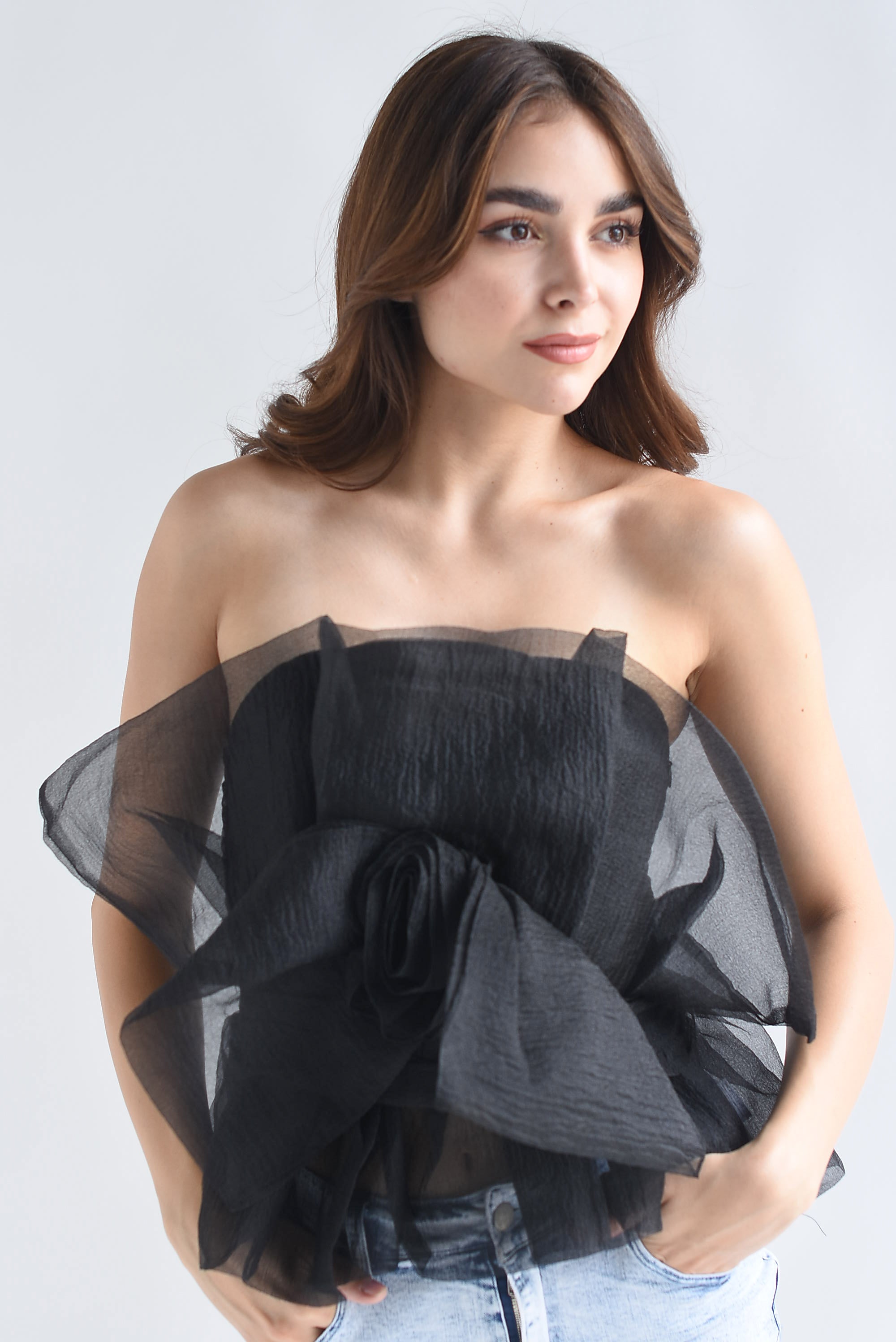 Top Flor tulle Negro