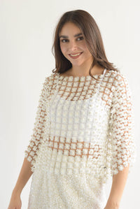 Fashion Styled Blusa flores perlas calada Blanco