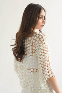 Fashion Styled Blusa flores perlas calada Blanco