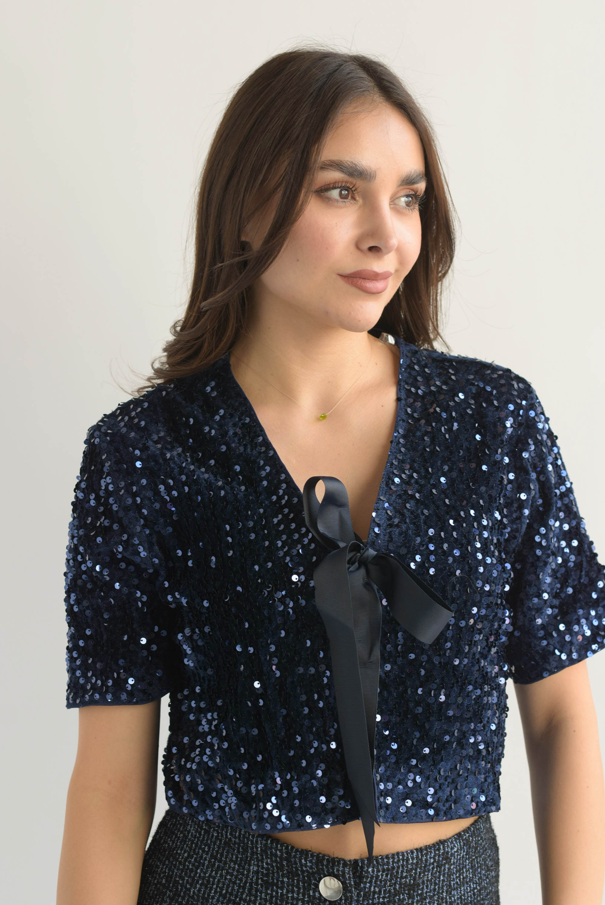 Blazer manga corta lentejuela lazos Azul Marino