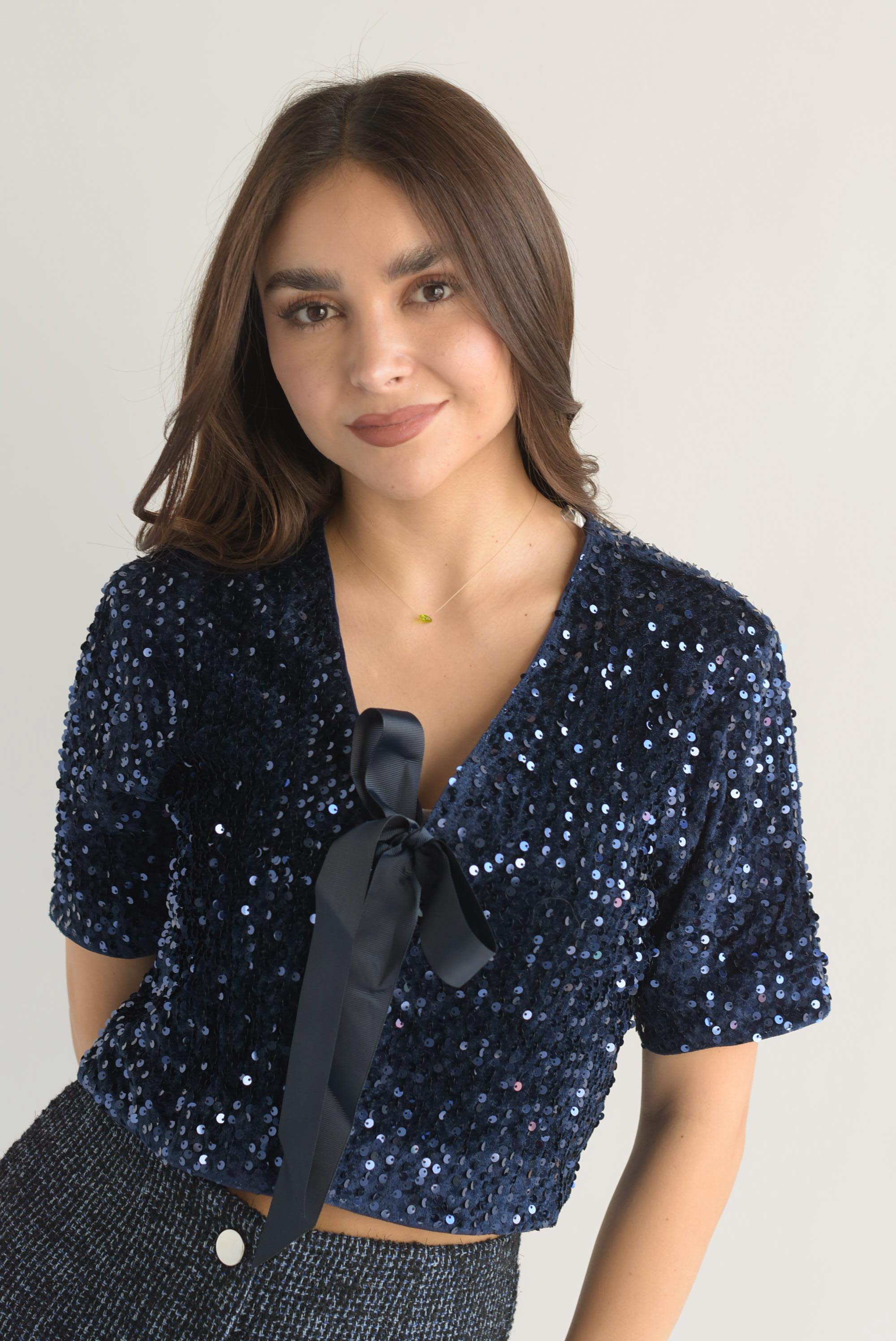Blazer manga corta lentejuela lazos Azul Marino