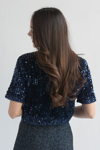 Fashion Styled Blazer manga corta lentejuela lazos Azul Marino