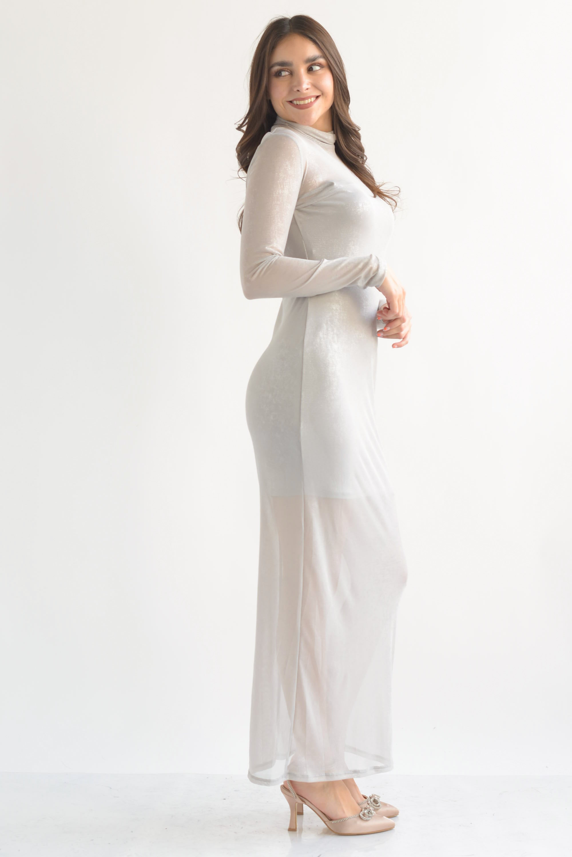 Vestido largo mesh foil Gris
