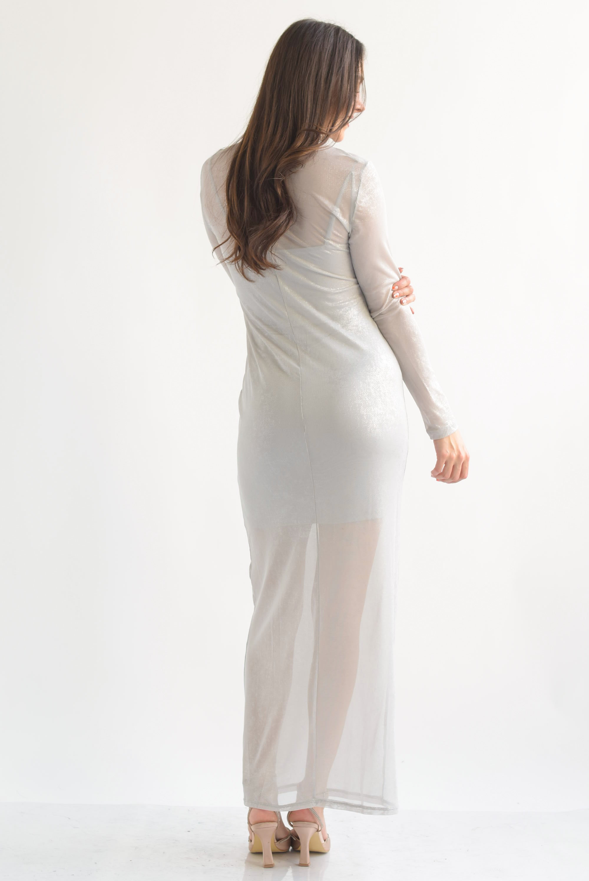Vestido largo mesh foil Gris