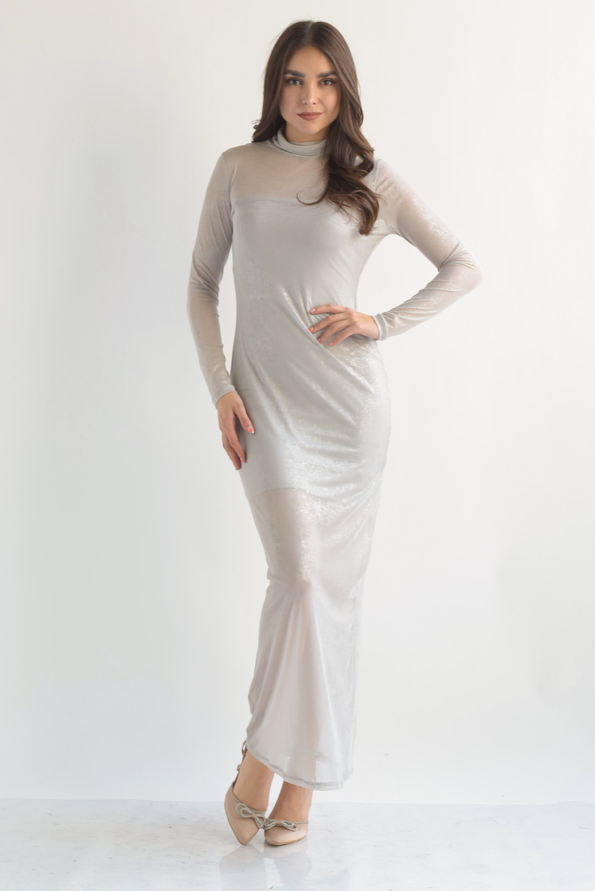 Vestido largo mesh foil Gris
