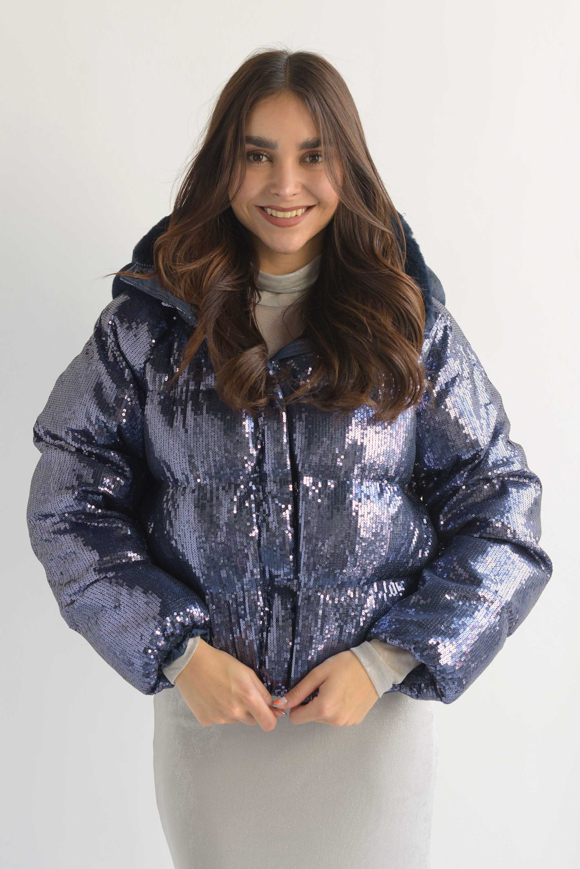 Chamarra puffer lentejuela hoddie Azul Marino