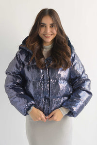Fashion Styled Chamarra puffer lentejuela hoddie Azul Marino